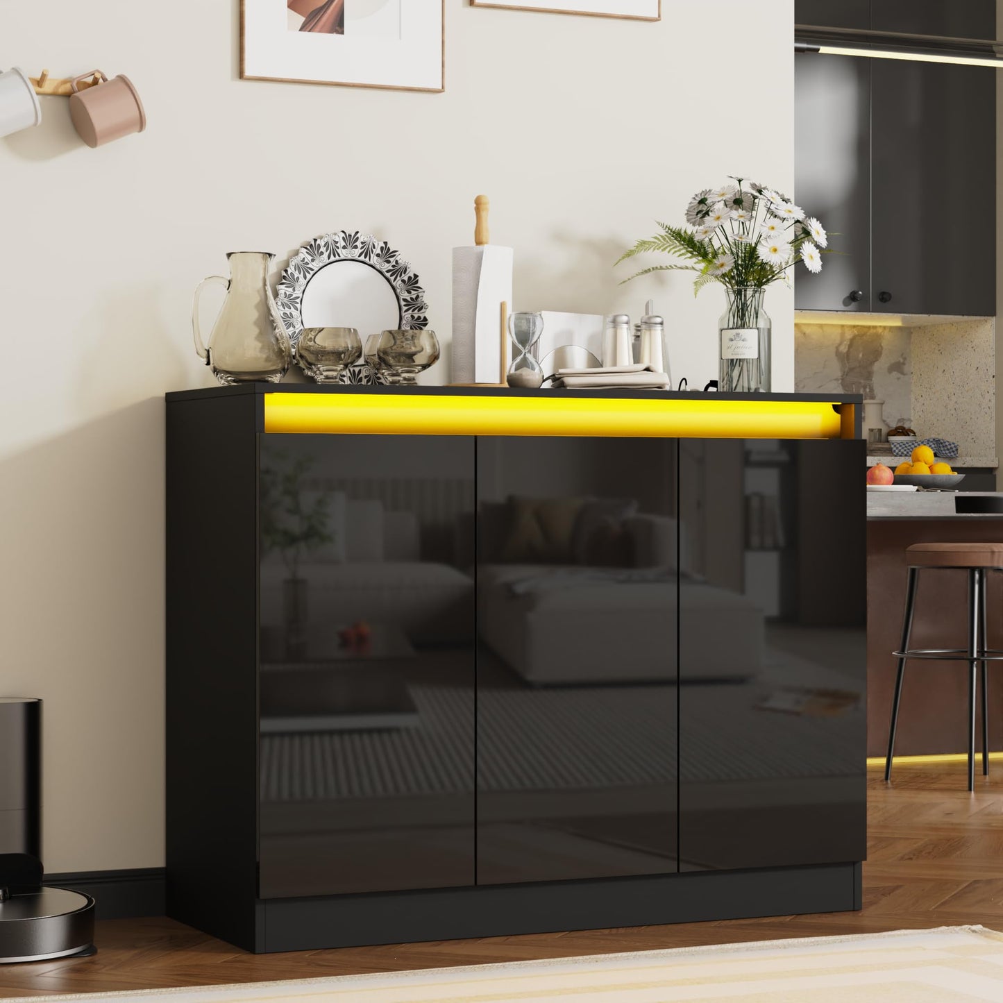 High Gloss Buffet Cabinet with LED Lights and Charging Station, Modern Handleless Sideboard Coffee Bar with 3 Doors for Living Room or Entryway, Black