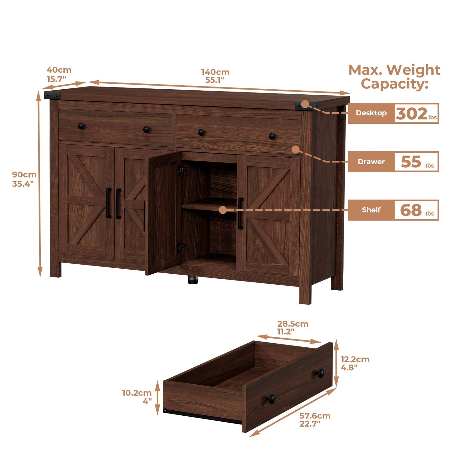 55'' Farmhouse Buffet Cabinet with Storage, Cherry Wood Sideboard Coffee Bar Cabinet with 4 Doors & 2 Drawers, Large Kitchen Storage Cabinet for Dining Room & Living Room