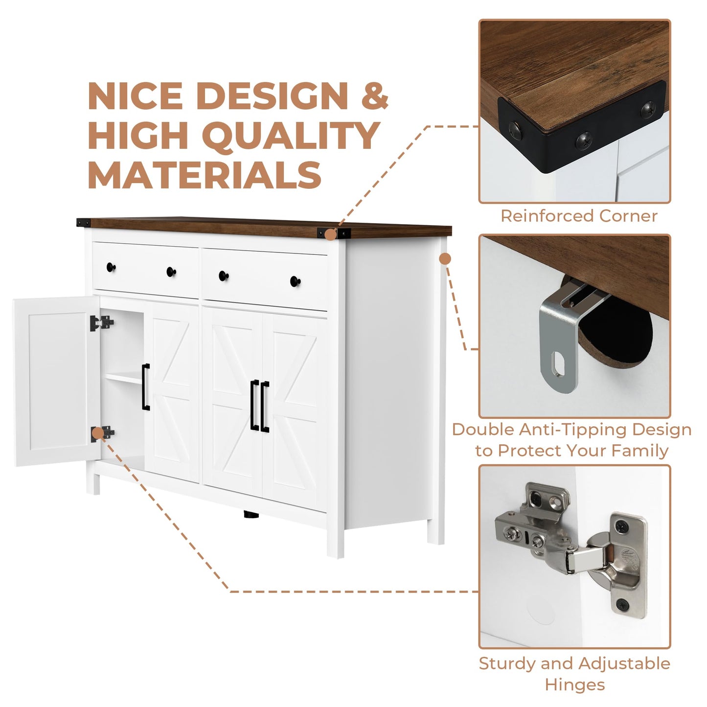 55" Modern Farmhouse Sideboard Buffet Cabinet with Storage, White Wood Coffee Bar Cabinet with 2 Drawers & 4 Barn Doors, Long Storage Cabinet for Kitchen, Dining Room & Living Room