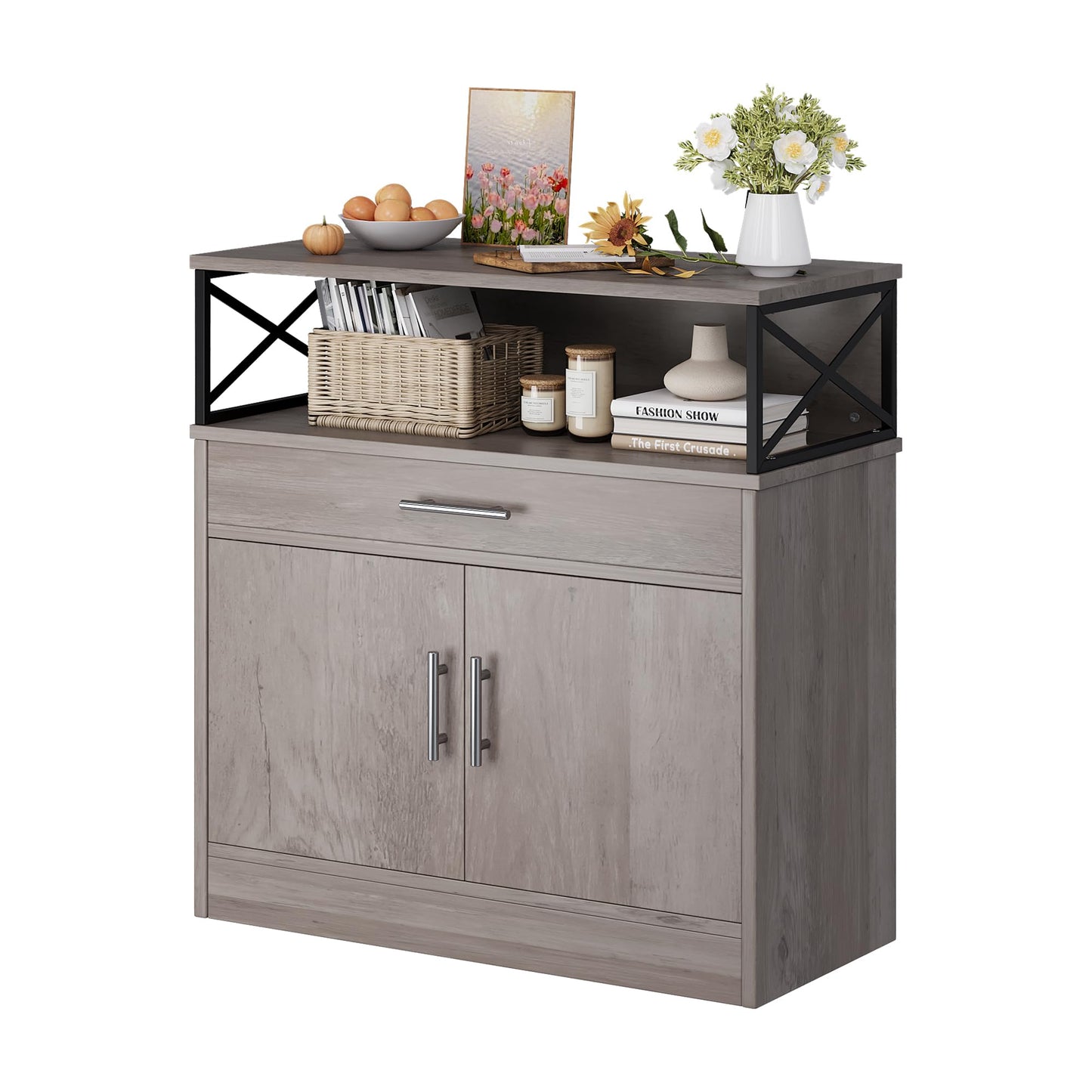 31" Modern Sideboard Buffet Cabinet with Adjustable Shelf, Wood Farmhouse Coffee Bar Storage for Kitchen or Dining Room, Ash Grey