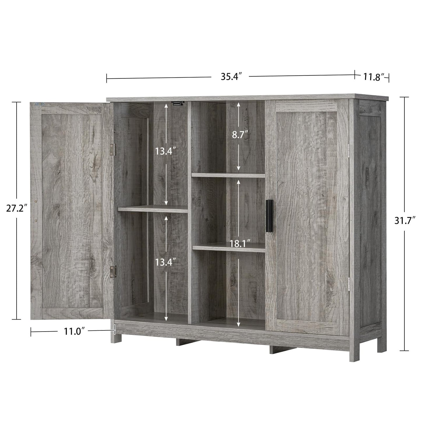 Storage Cabinet with 2 Doors and 4 Adjustable Shelves, Buffet Floor Cabinet for Living Room, Entryway, or Kitchen, Rustic Gray