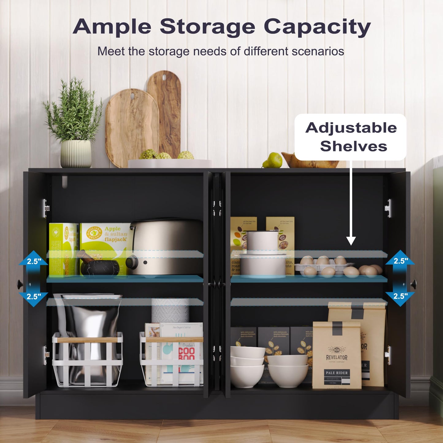 47" Sideboard Buffet Cabinet with 4 Doors, Modern Farmhouse Coffee Bar Storage Table for Kitchen, Dining, or Living Room, Black