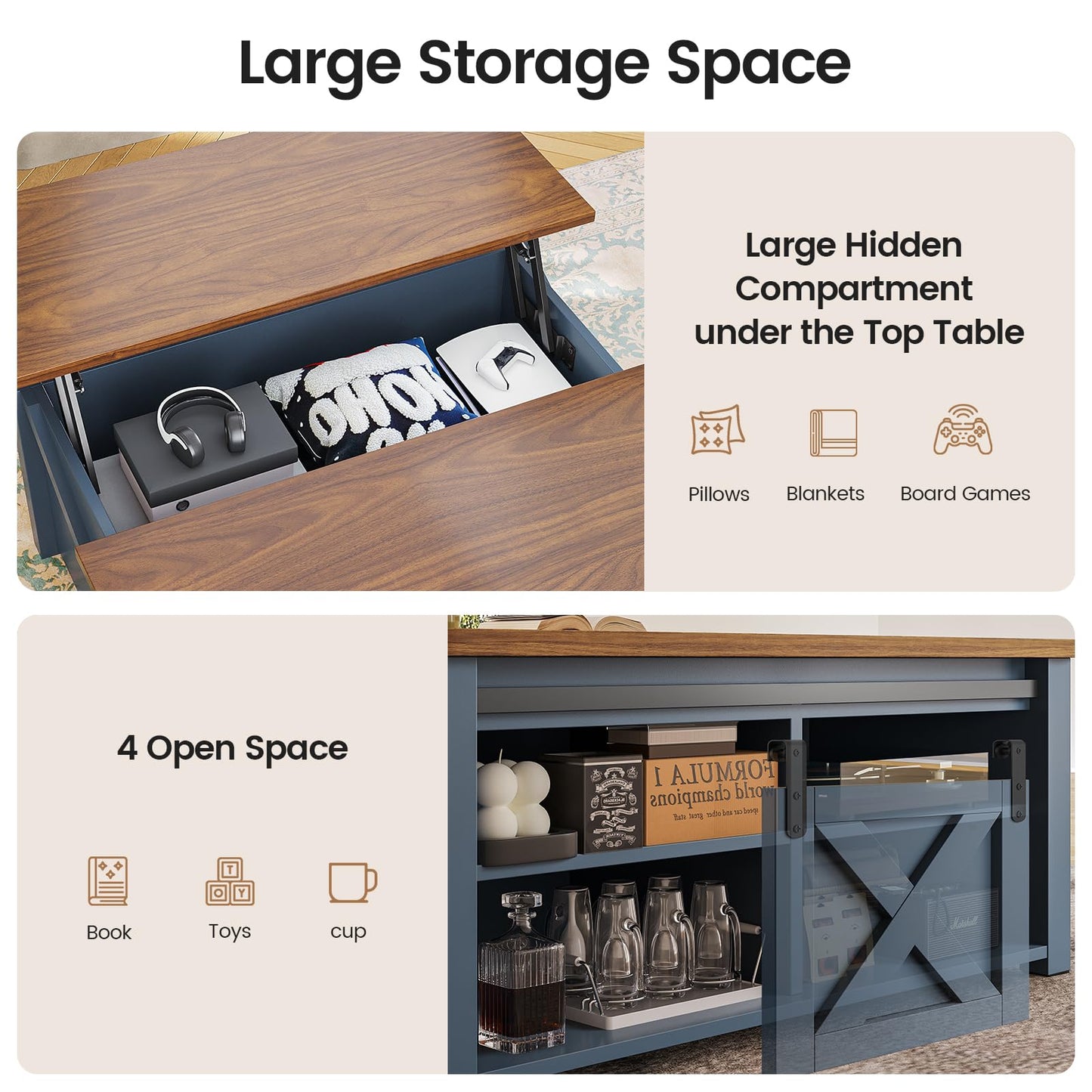 SEDETA 31.5" Lift Top Square Coffee Table with Storage – Farmhouse Living Room Table featuring Large Hidden Compartment, Adjustable Shelves & Stylish Blue Finish