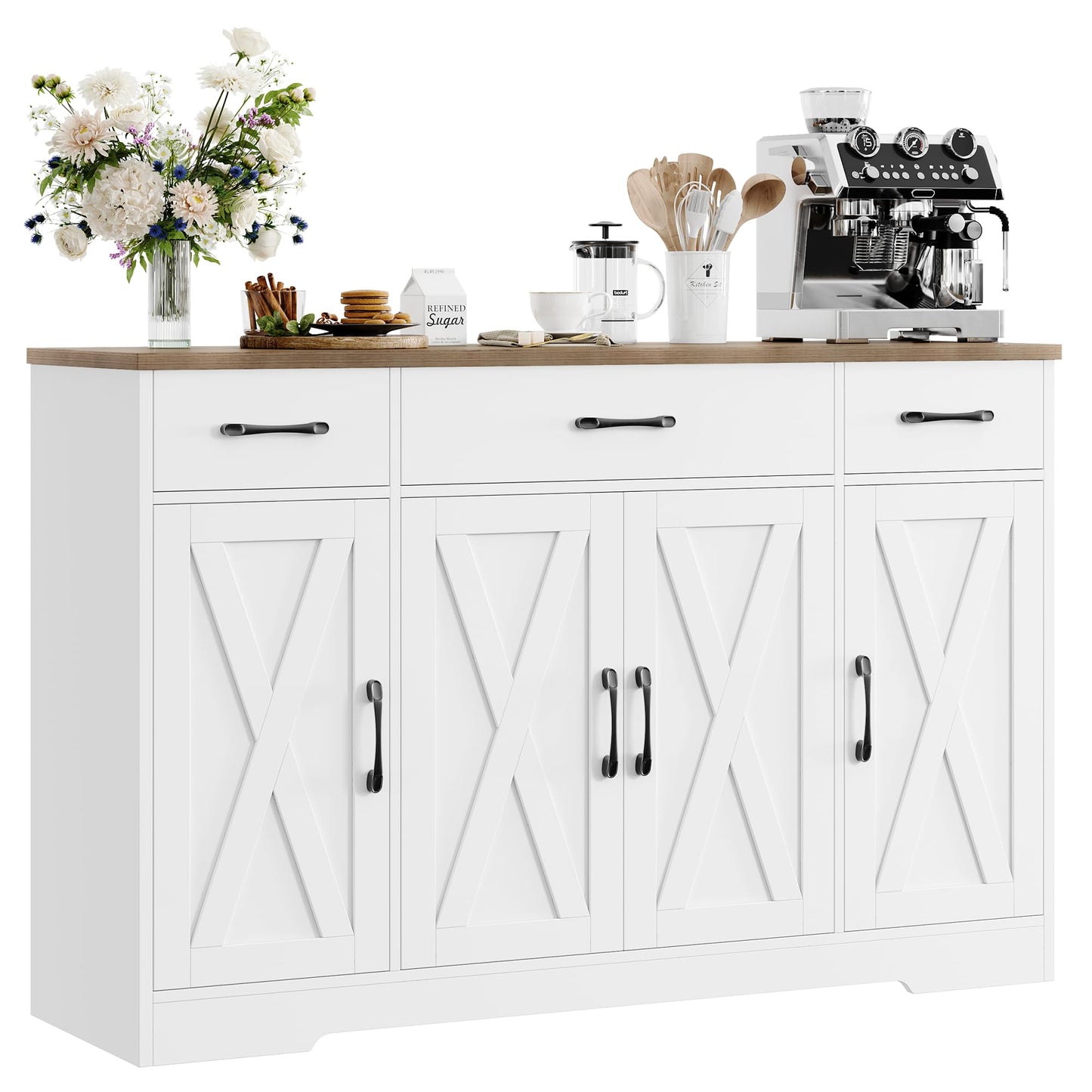 55" Large Buffet Sideboard Cabinet with Drawers, Shelves, and Doors, Modern Farmhouse Coffee Bar Station for Kitchen or Dining Room, White/Rustic