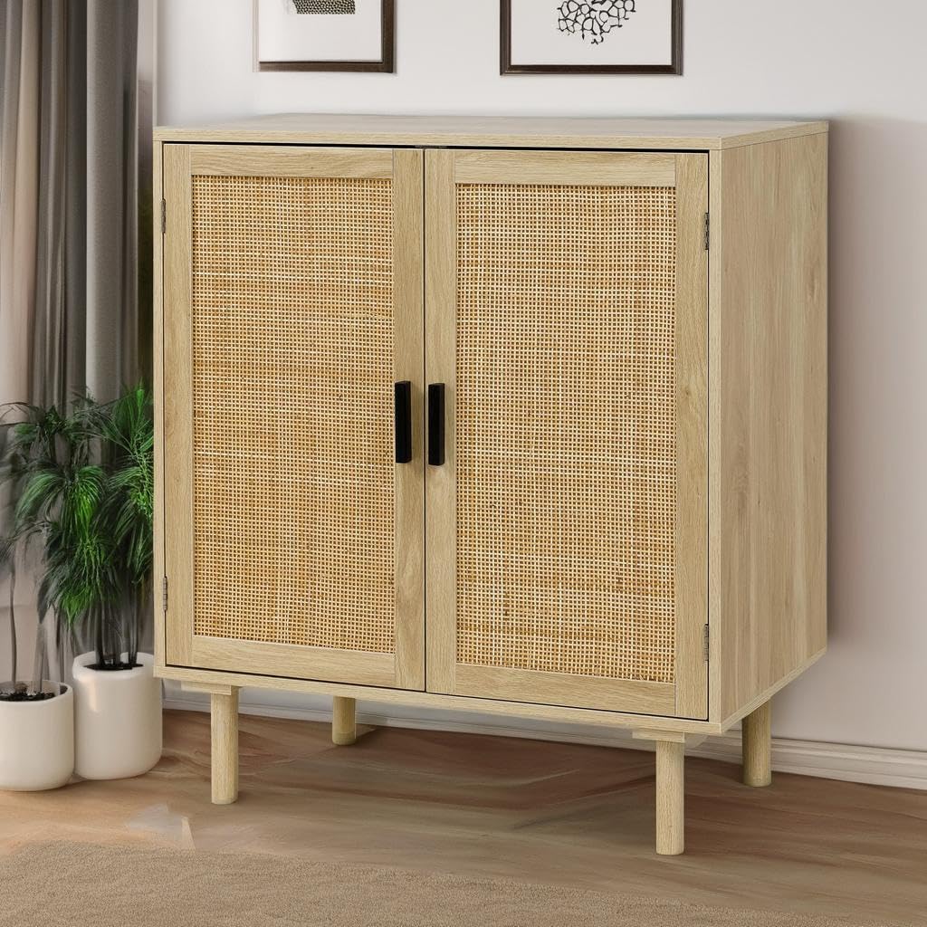 Sideboard Buffet Cabinet with Rattan Decorated Doors, Kitchen Storage Console Table and Liquor Coffee Buffet for Dining Room or Hallway, 31.5" x 15.8" x 34.6", Natural
