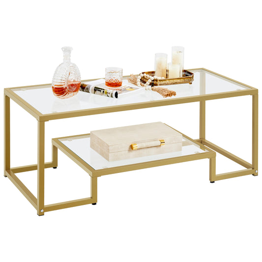 42" Rectangular Glass Coffee Table with Gold Metal Frame, 2-Tier Center Table for Living Room, Office, or Small Spaces