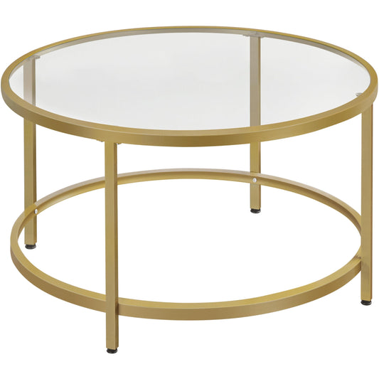 27.6" Round Glass Coffee Table with Gold Metal Frame for Living Room, Office, or Apartment
