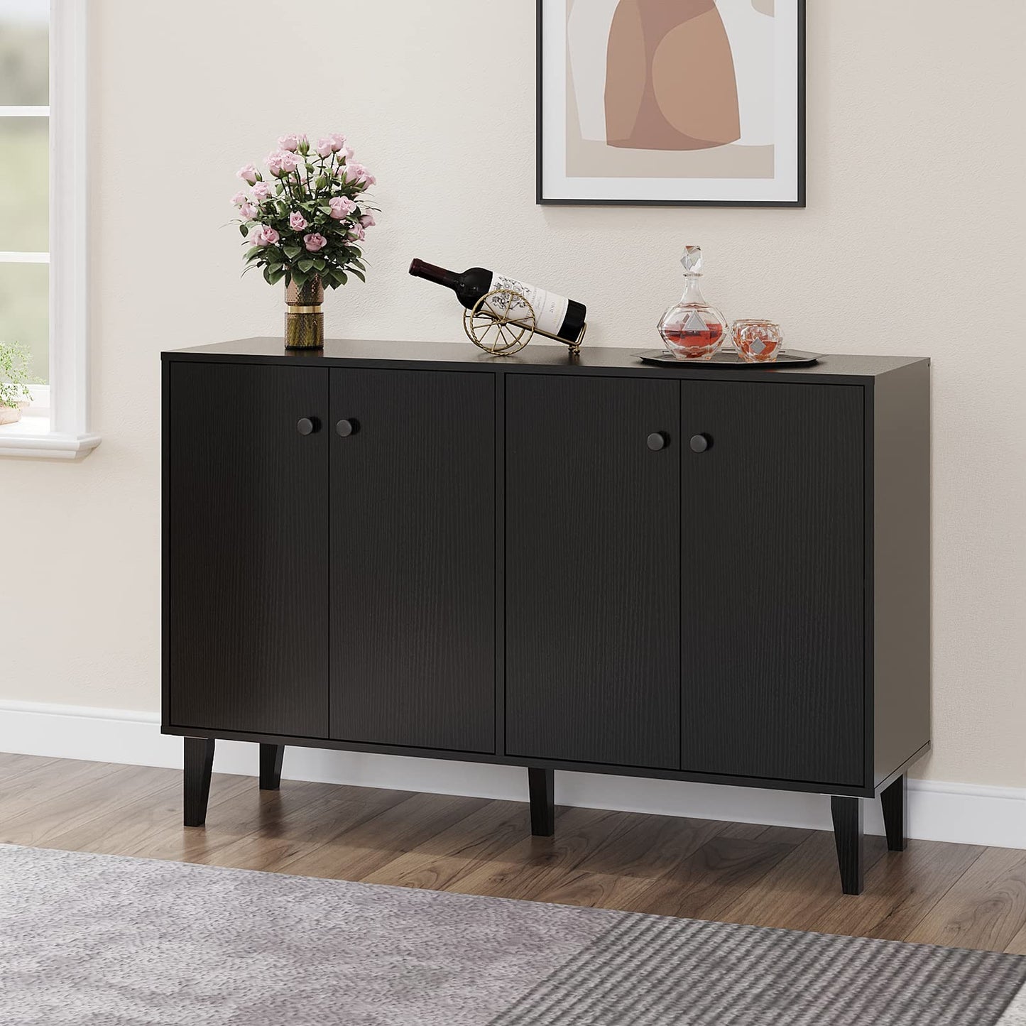 Black Sideboard Buffet Cabinet with 4 Doors, Kitchen and Living Room Storage Console Table