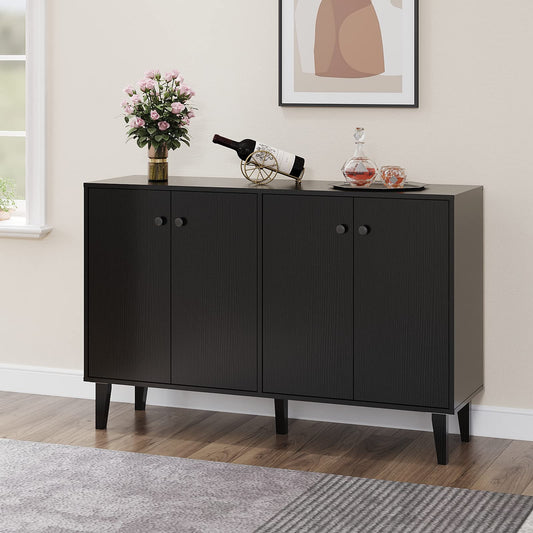 Black Sideboard Buffet Cabinet with 4 Doors, Kitchen and Living Room Storage Console Table