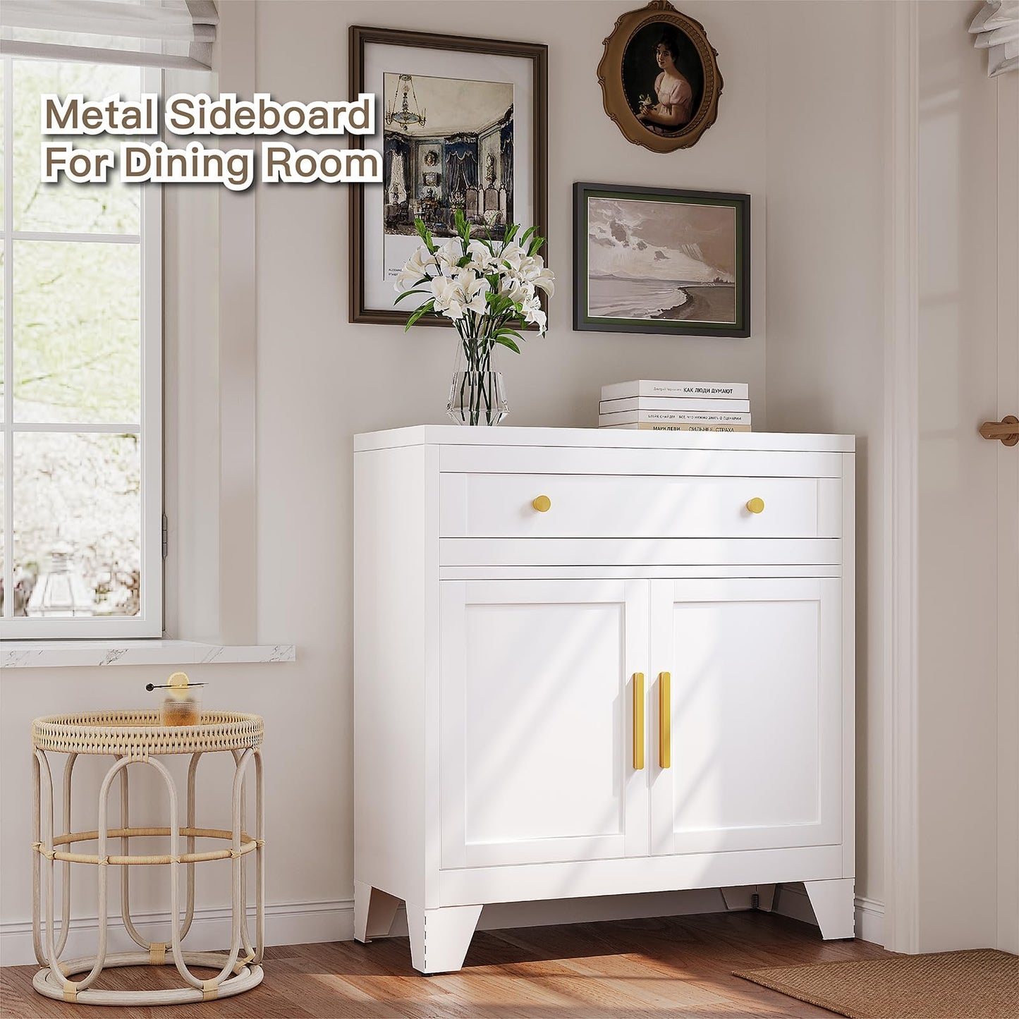 Metal Sideboard Cabinet with Large Drawers and Adjustable Shelf, Farmhouse Coffee Bar Buffet Storage for Kitchen, Dining Room, or Entryway, White