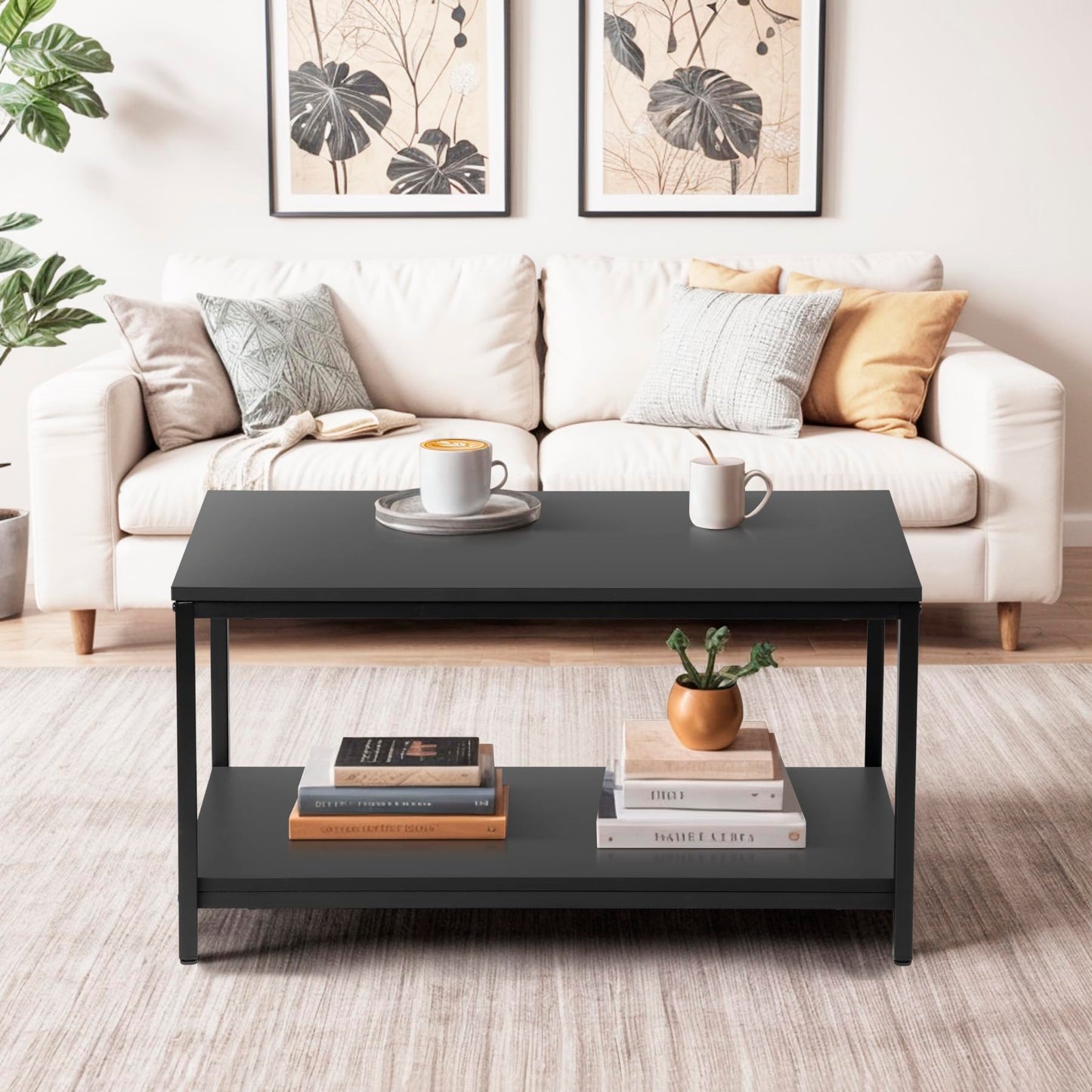 SUPER DEAL 2-Tier Industrial Coffee Table with Storage Shelf – Black Rectangle Wood and Metal Center Table for Small Apartments, Living Room, or as a TV Stand/Side End Table