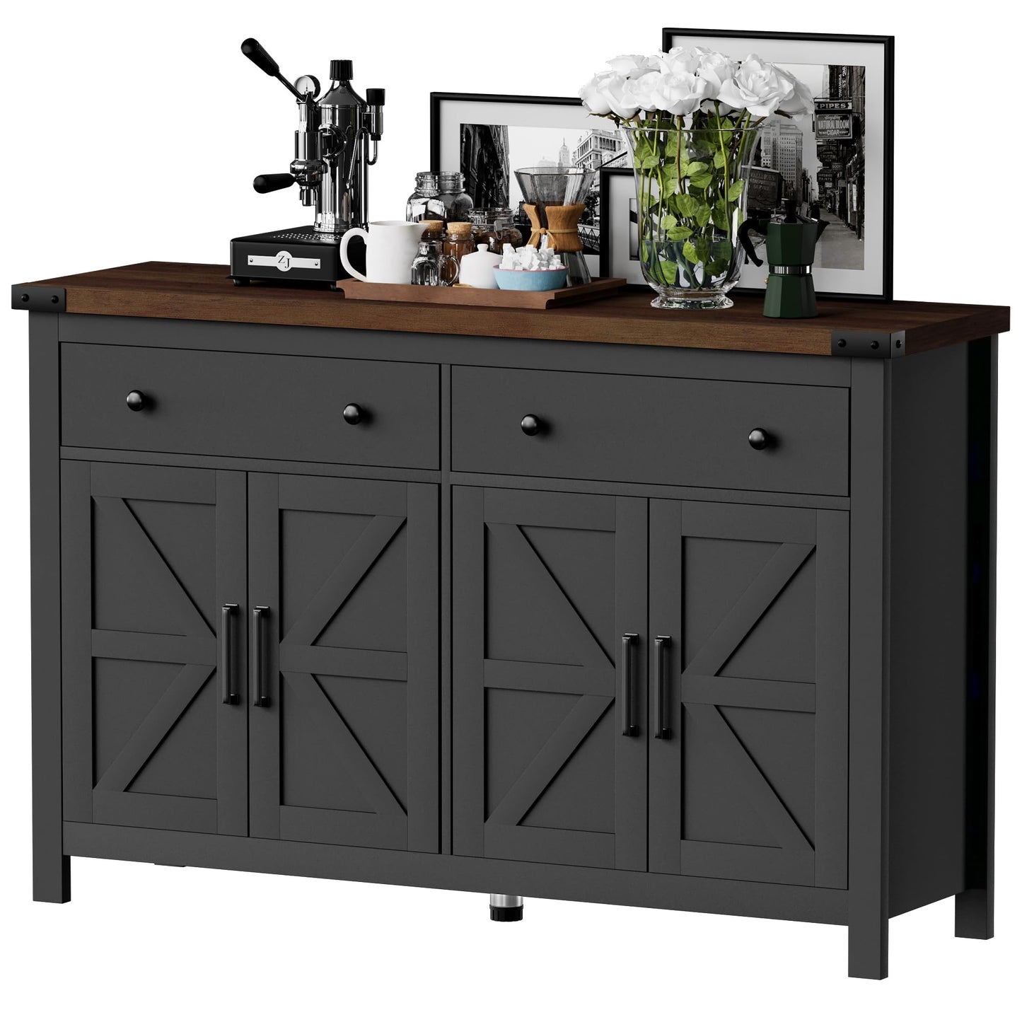 55" Modern Farmhouse Sideboard Buffet Cabinet with Storage, Black Wood Coffee Bar Cabinet with 2 Drawers & 4 Barn Doors, Long Storage Cabinet for Kitchen, Dining Room & Living Room