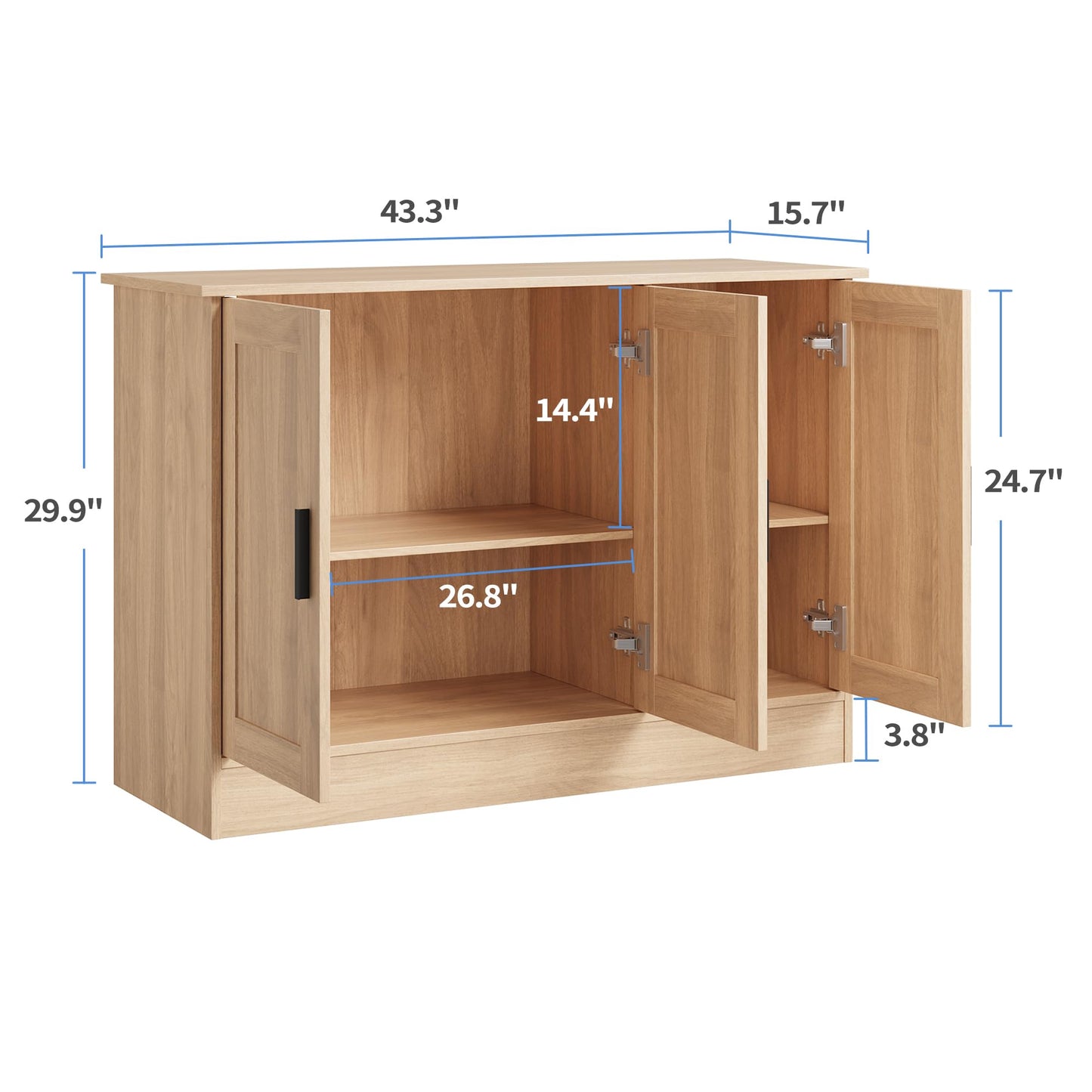 43" Oak Buffet Cabinet with 3 Doors and Adjustable Shelf, Modern Coffee Bar Sideboard for Kitchen or Living Room