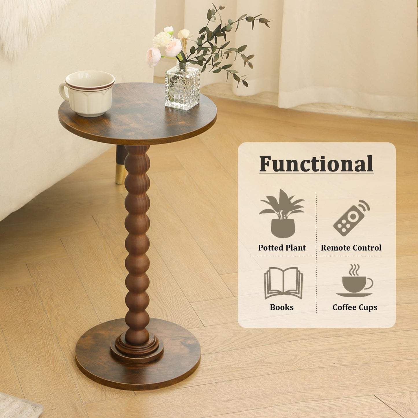 Round Side Table, Small Modern Drink Table with Solid Wood Legs for Living Room, Bedroom, Office, Rustic Brown