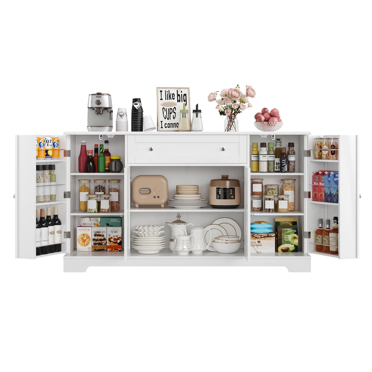 **HITHOS 54" Modern Buffet Cabinet with Storage, White Kitchen Sideboard with Drawer, Wood Coffee Bar Station with Adjustable Shelves for Living Room**