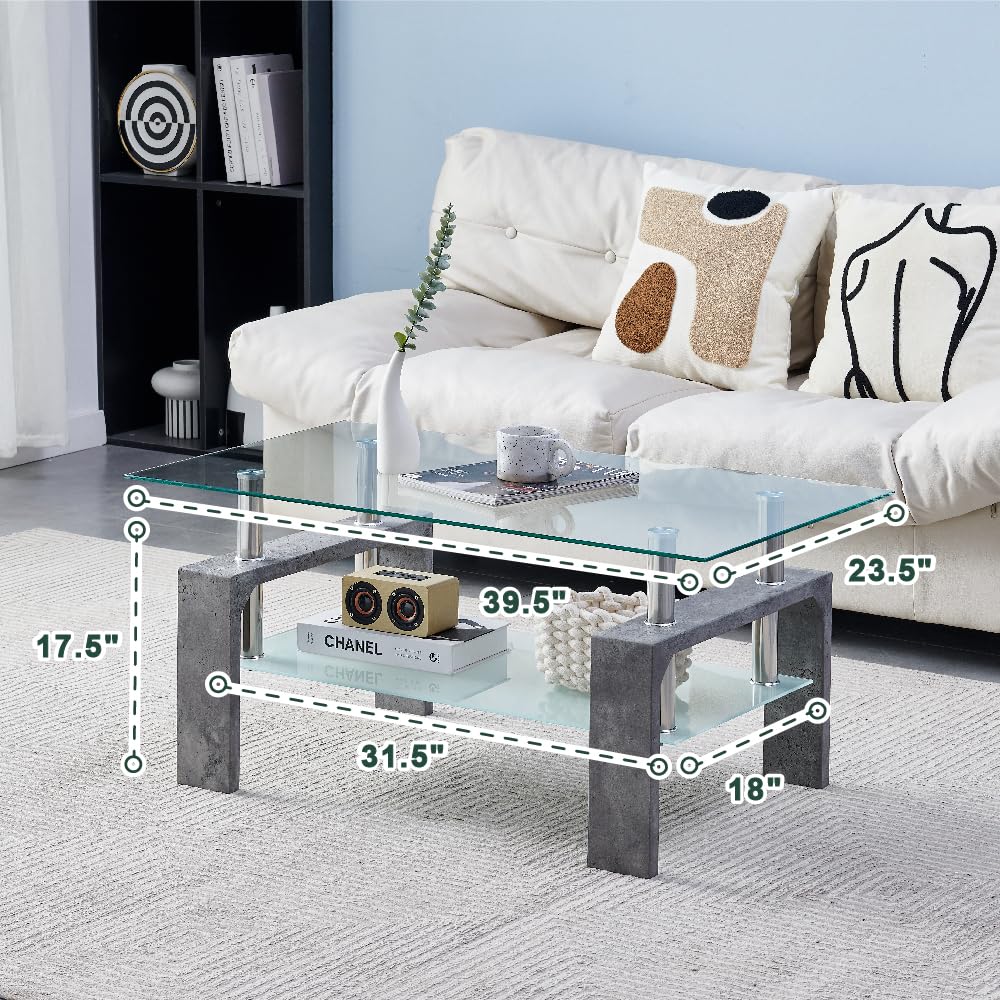 Living Room Rectangle Coffee Table, Modern Glass Tea Table with Wooden Legs & Lower Storage Shelf, Stylish Center Table for Waiting Room or Home, Grey Marble