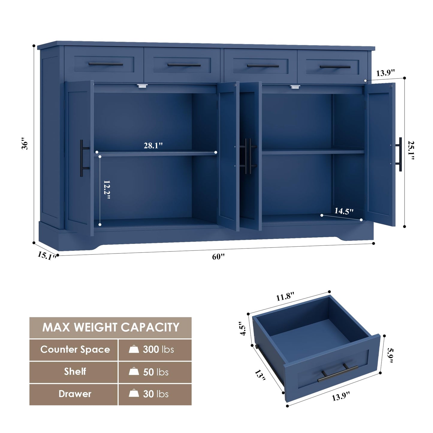60" Large Buffet Sideboard with 4 Drawers and Storage, 36" Tall Modern Kitchen Cabinet with Silver Handles, Black