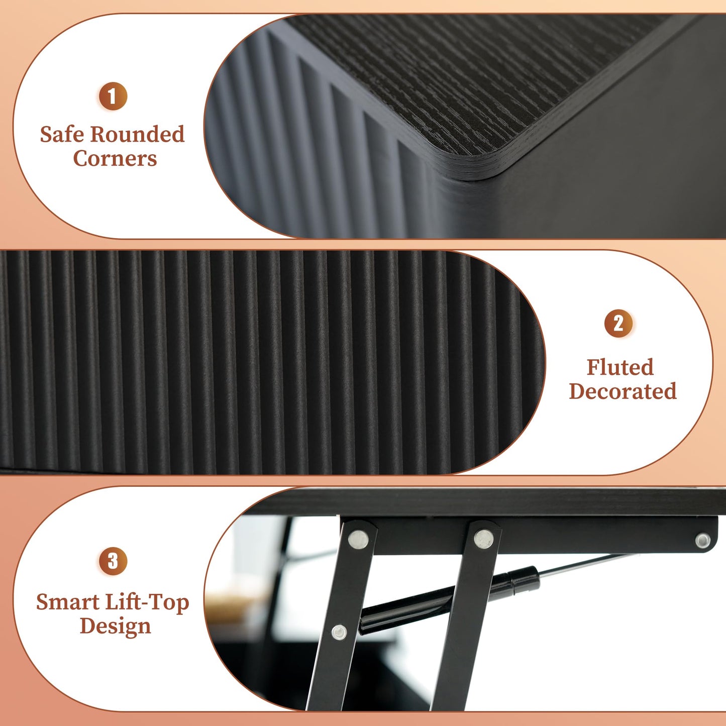 LYNCOHOME Fluted Lift Top Coffee Table with Hidden Compartment – Modern Wood Center Table for Living Room or Home Office, Black Finish