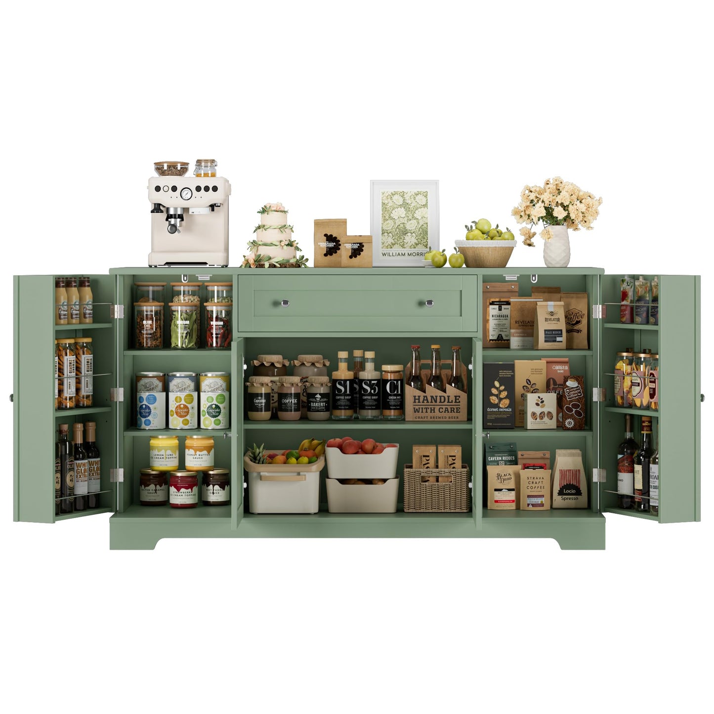 **HITHOS 54" Modern Buffet Cabinet with Storage, Green Kitchen Sideboard with Drawer, Wood Coffee Bar Station with Adjustable Shelves for Living Room**