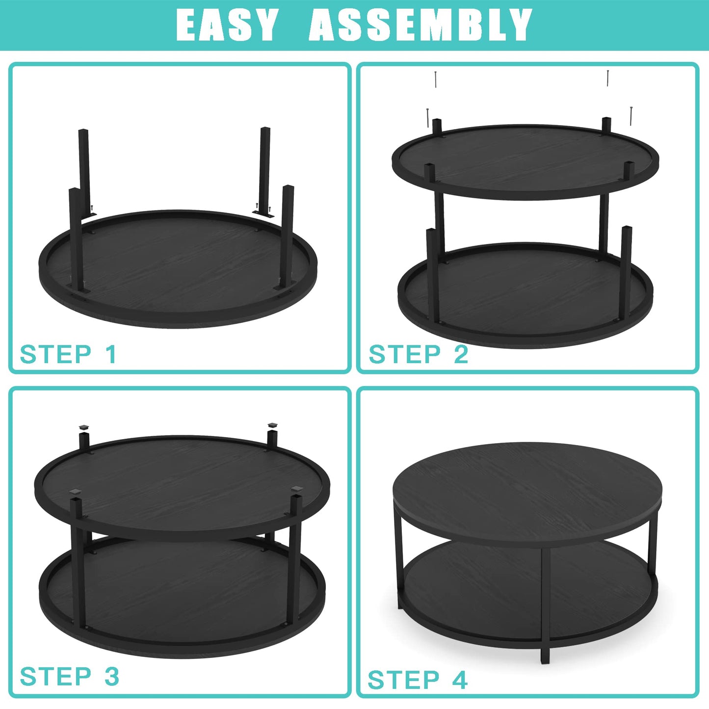 NSdirect 36" Round Coffee Table for Living Room – Rustic Black Oak Wooden Top with Sturdy Metal Legs, 2-Tier Industrial Sofa Table with Open Storage Shelf, Modern Home Furniture