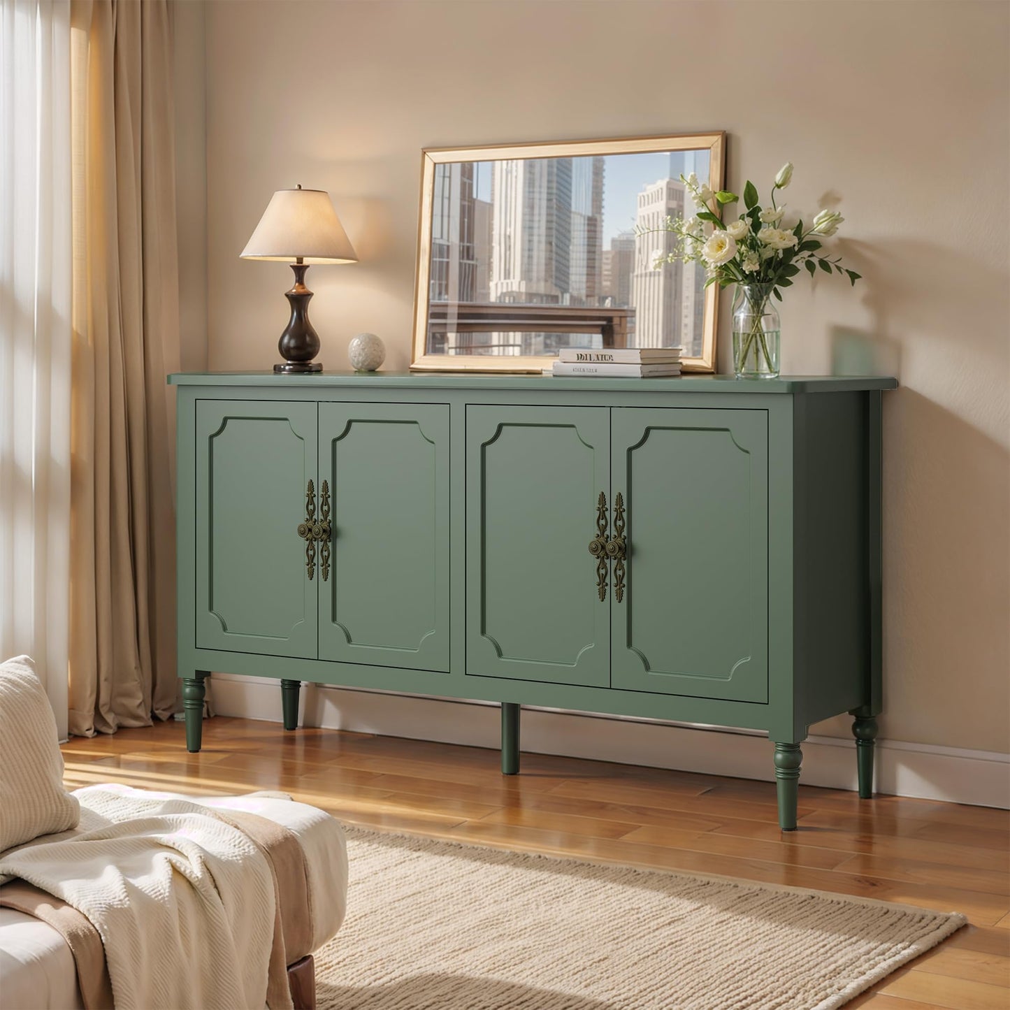 58" Large Sideboard Buffet Cabinet with Storage, Modern Credenza Coffee Bar Cabinet with Artistic Carved Handles for Dining or Living Room, Satin Black