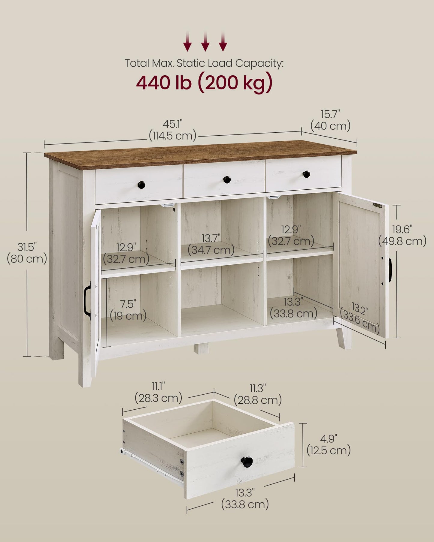 **Buffet Cabinet, Coffee Bar Cabinet with 3 Drawers, Adjustable Shelves, Sideboard Storage with Cable Holes and Drawer Dividers, Rustic White and Honey Brown**