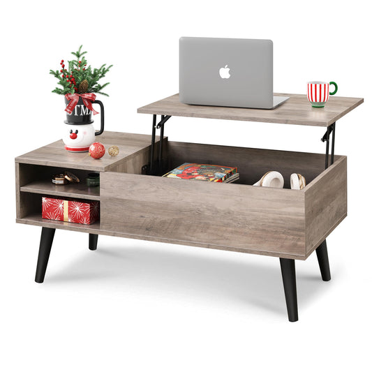 WLIVE Greige Lift Top Coffee Table – Mid-Century Modern Small Table with Adjustable Shelf & Storage Compartment for Living Room