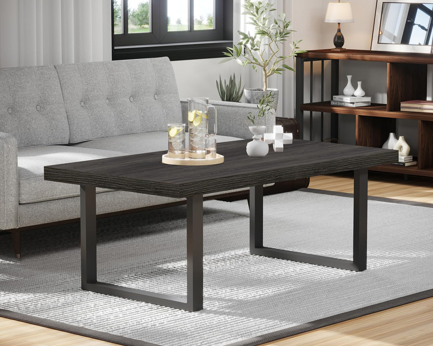 IBF 47" Rustic Coffee Table – Modern Industrial Wood and Metal Rectangle Center Table, Minimalist Farmhouse Cocktail Table for Living Room, Dark Gray Oak
