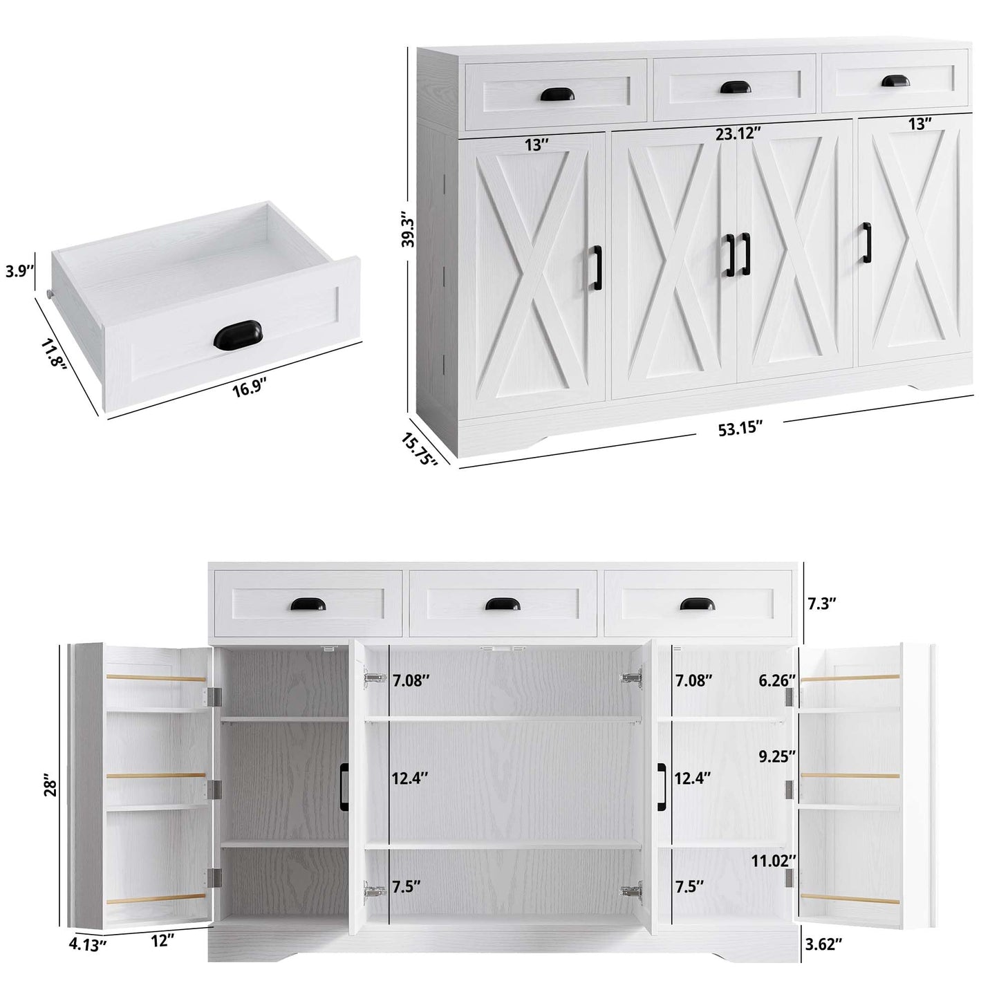 Buffet Cabinet with 4 Doors, 3 Drawers, and 6 Adjustable Shelves, Modern Sideboard Coffee Bar Storage for Kitchen or Dining Room, White