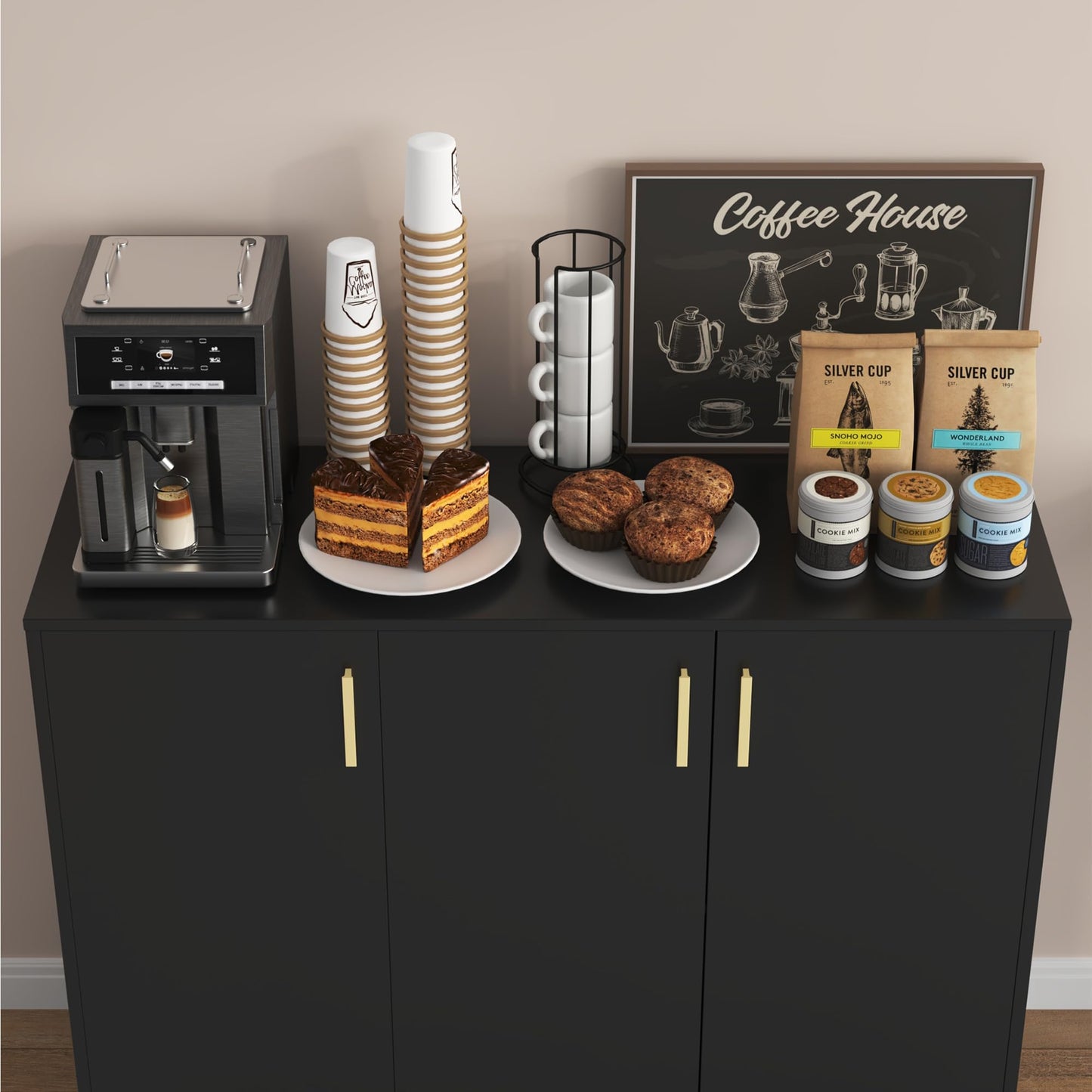 Buffet Cabinet with Doors and Shelves, 35.4" Tall Wood Sideboard Console Table for Kitchen, Living Room, Entryway, or Hallway, Black