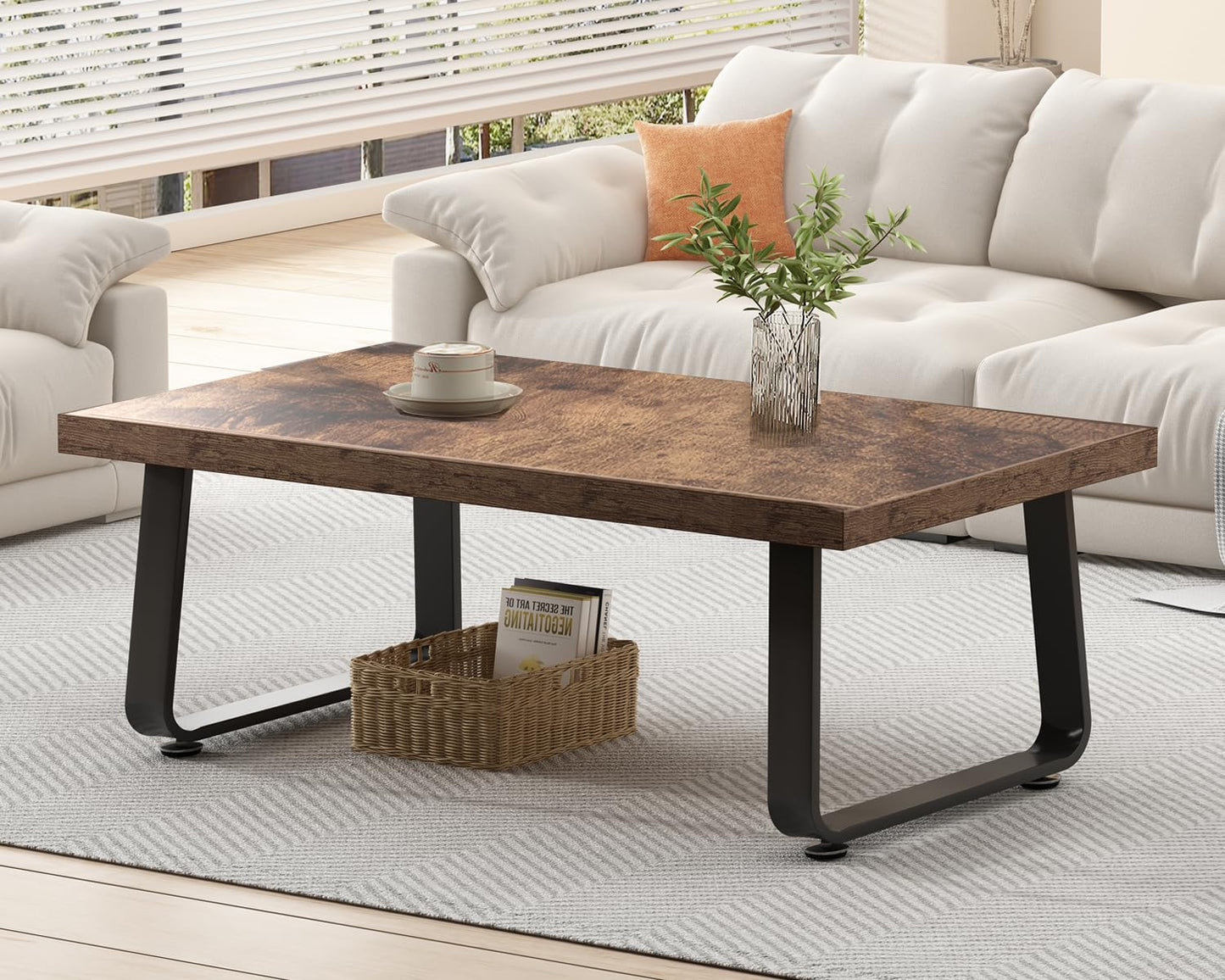 HSH 47" Rustic Brown Wooden Coffee Table – Industrial Rectangle Center Table, Modern Minimalist Farmhouse Wood and Metal Coffee Table for Living Room, Bedroom, or Home Office