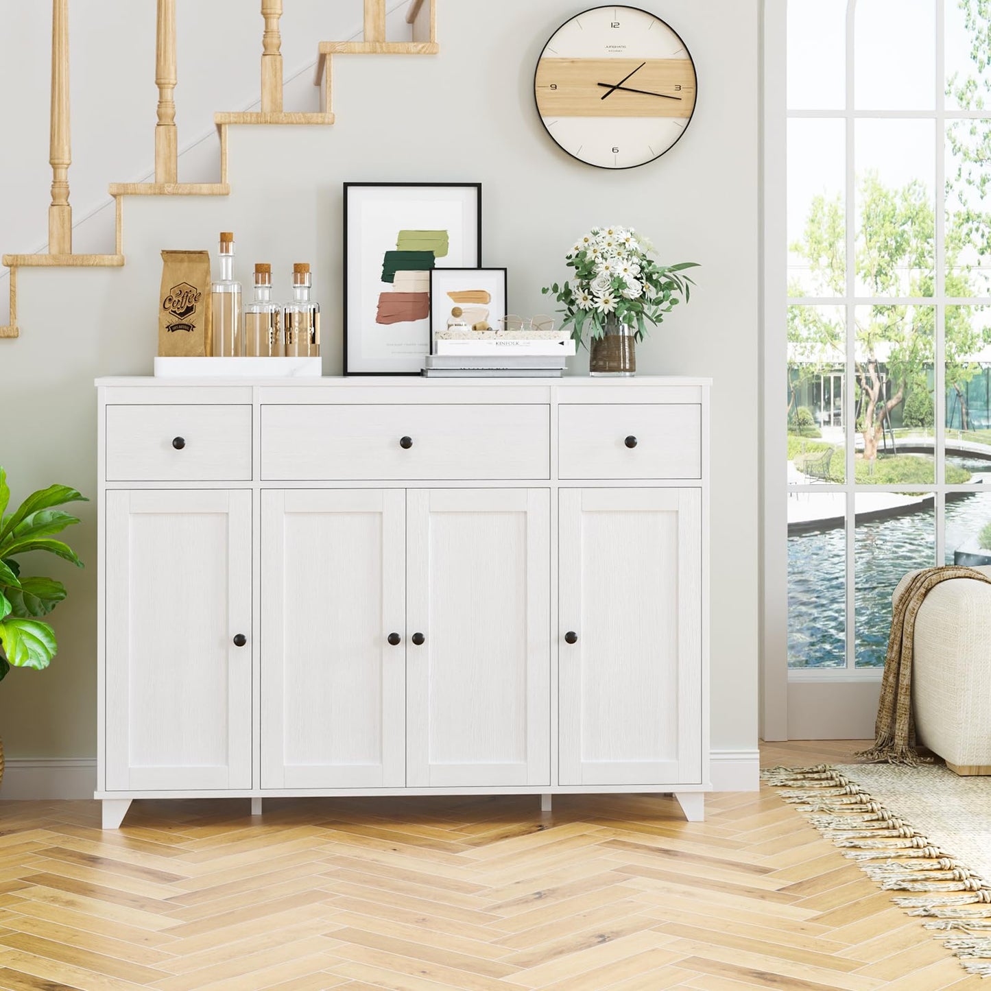 47" White Buffet Cabinet with 3 Drawers, 4 Doors, and Adjustable Shelves, Modern Coffee Bar Sideboard for Kitchen, Dining, or Living Room