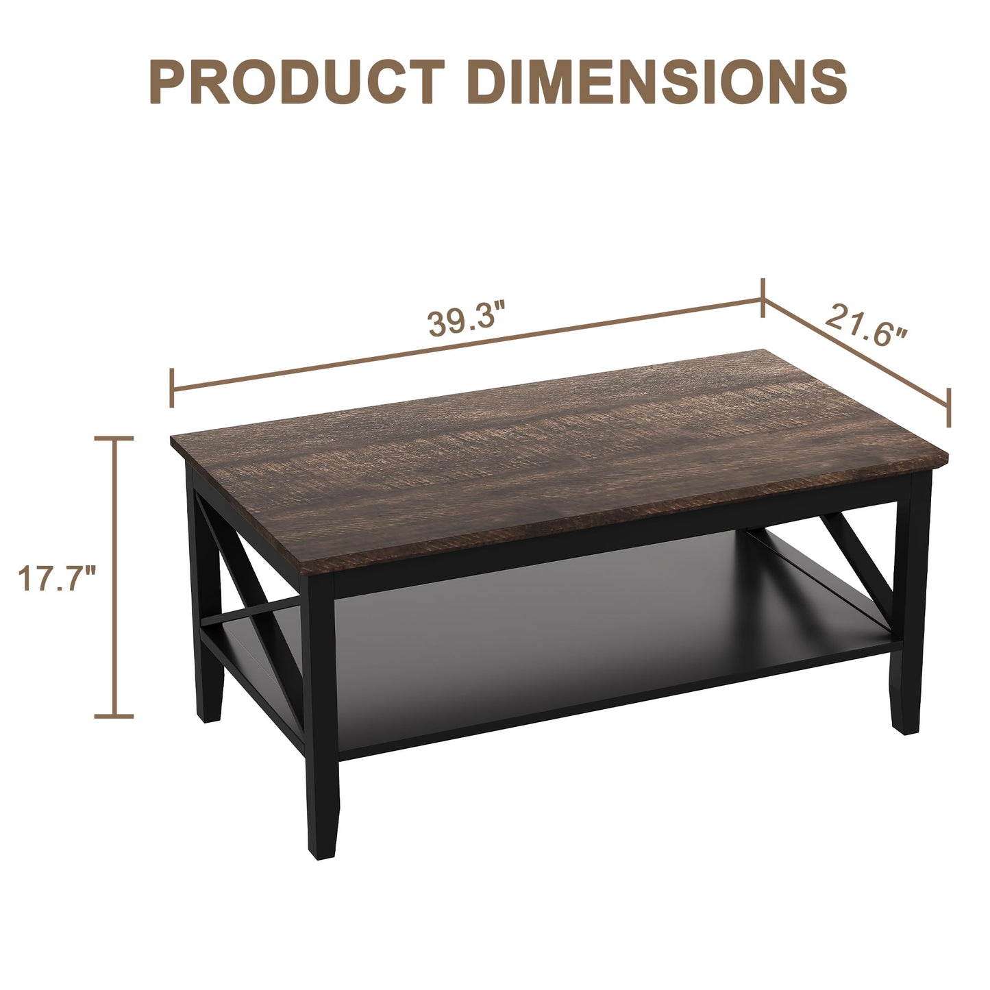 Black Wooden Coffee Table with Thick Legs and Storage for Living Room