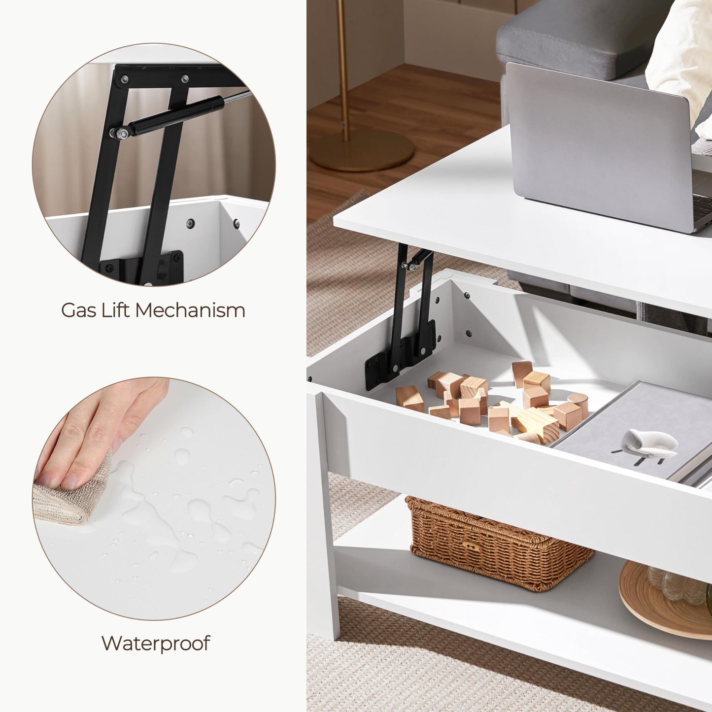 Yaheetech 47.5" Lift Top Coffee Table with Hidden Compartment & Storage Shelf – Rising Tabletop Convertible Dining Table for Living Room or Reception, White