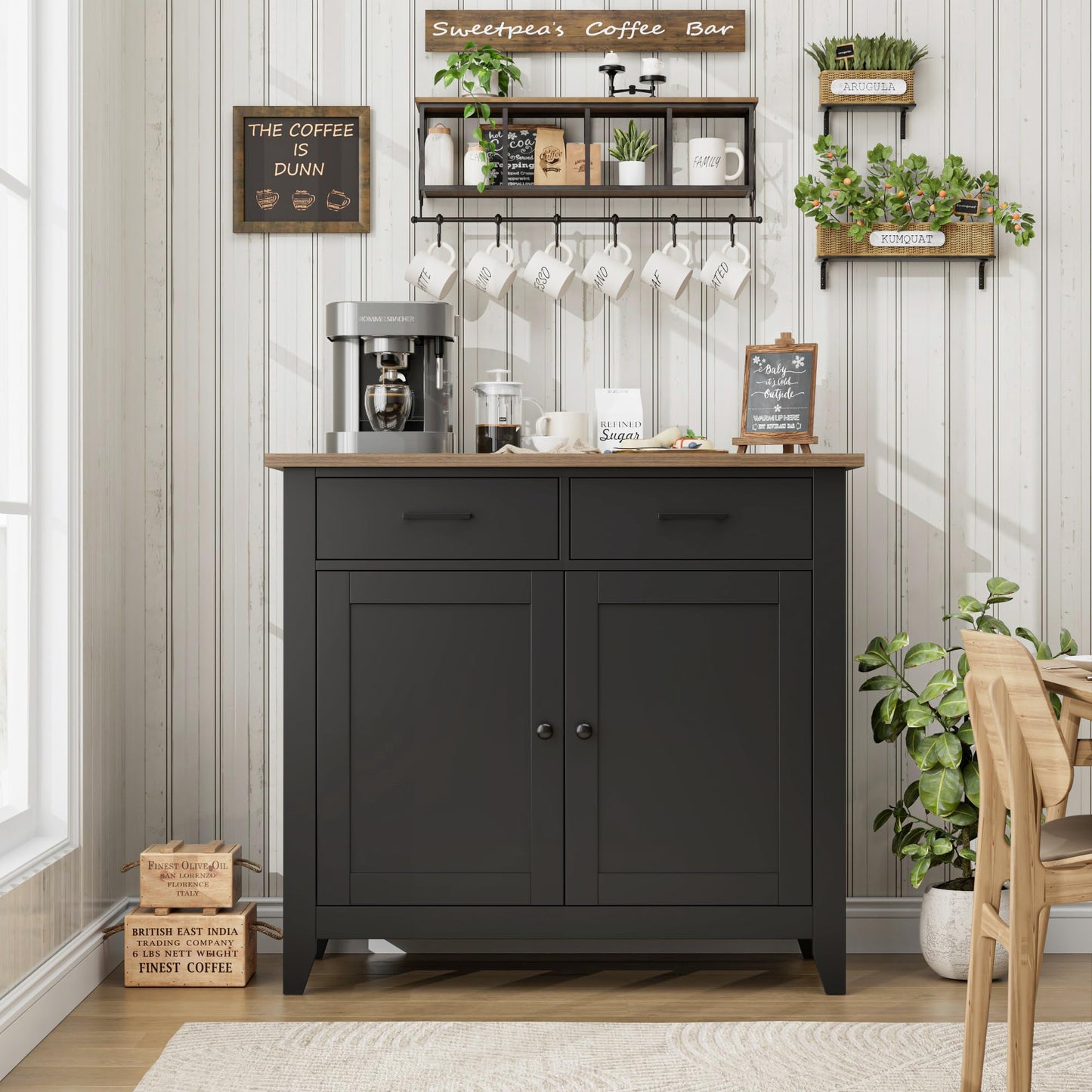 HORSTORS Modern Farmhouse Buffet Cabinet with Storage, Kitchen Sideboard Coffee Bar with 2 Drawers and 2 Doors, Floor Storage Cabinet for Living Room, Dining Room, or Bathroom, Black/Rustic Brown