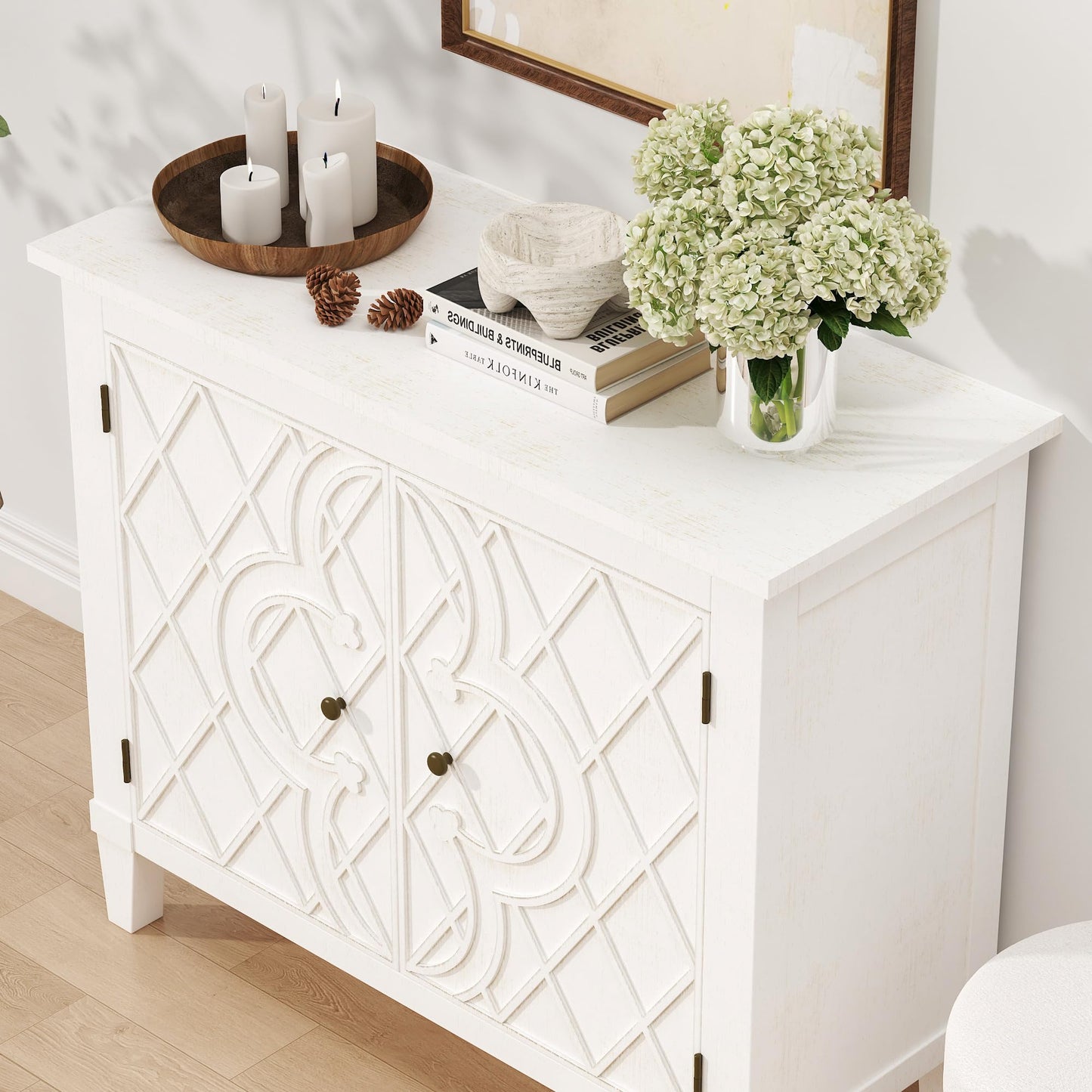 40" Coffee Bar Cabinet with Doors and Shelf, Wood Storage Sideboard with Carved Motif for Living Room, Kitchen, or Entryway, Distressed White