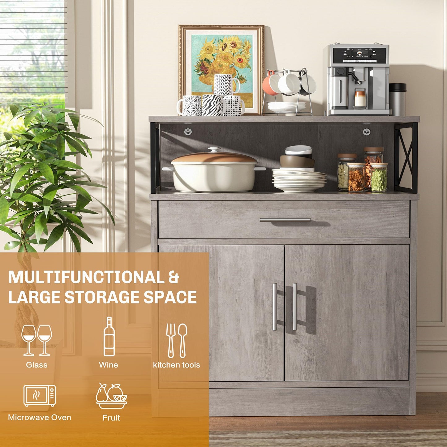 **Shintenchi Modern Kitchen Buffet Cabinet with Adjustable Shelf, Farmhouse Coffee Bar Storage Cabinet, Ash Grey**