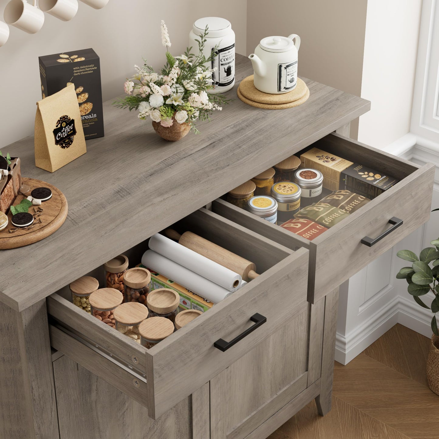 HORSTORS Modern Farmhouse Buffet Cabinet with Storage, Kitchen Sideboard Coffee Bar with 2 Drawers and 2 Doors, Floor Storage Cabinet for Living Room, Dining Room, or Bathroom, Grey