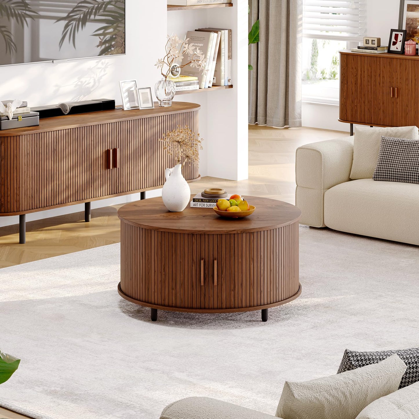 Round Coffee Table with Storage, 31.5" Modern Fluted Wood Table with 360° Sliding Door and Adjustable Footpads, Walnut