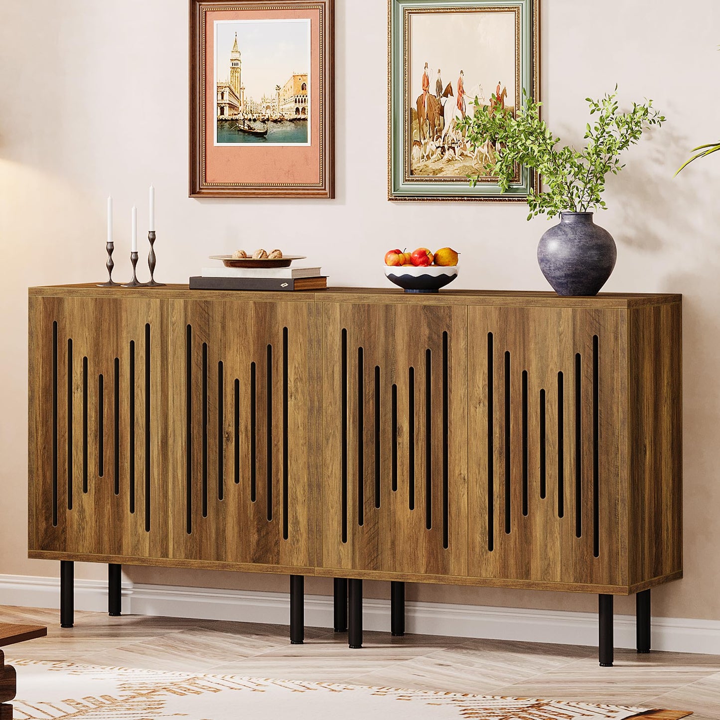 Tribesigns Set of 2 Buffet Sideboard Cabinets with Storage, 59" Long Sideboards with Adjustable Shelves, Modern Accent Storage Cabinets for Living Room, Rustic Brown
