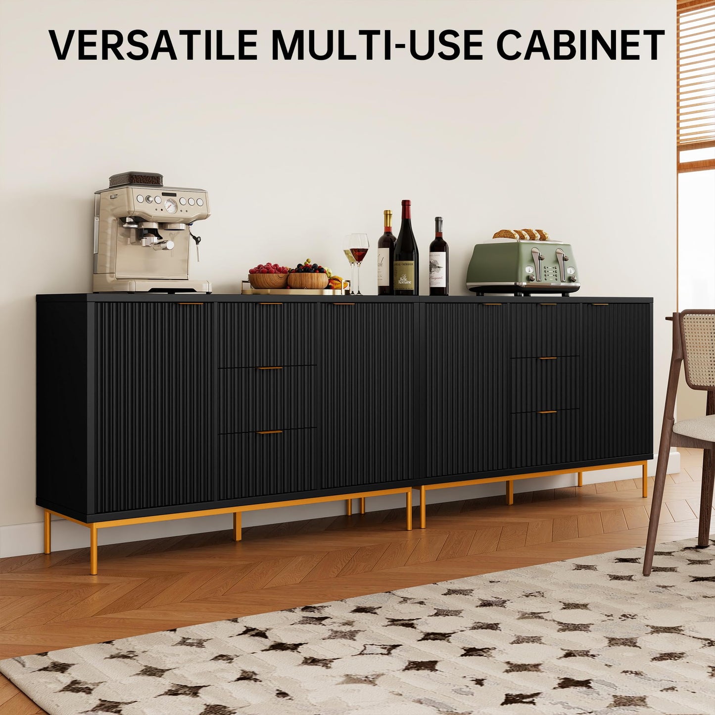 Fluted Buffet Cabinet with 2 Doors, 3 Drawers and Adjustable Shelf, 47" Modern Sideboard Credenza Coffee Bar Table, Black