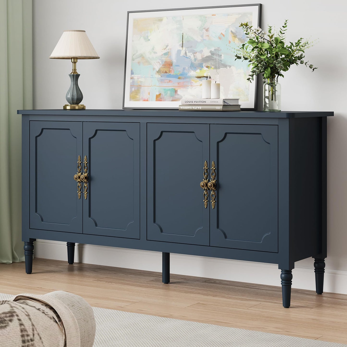 58" Mid-Century Modern Sideboard Buffet Cabinet with Storage and Solid Wood Legs, 4-Door Credenza for Entryway, Kitchen, or Living Room, Dove Gray