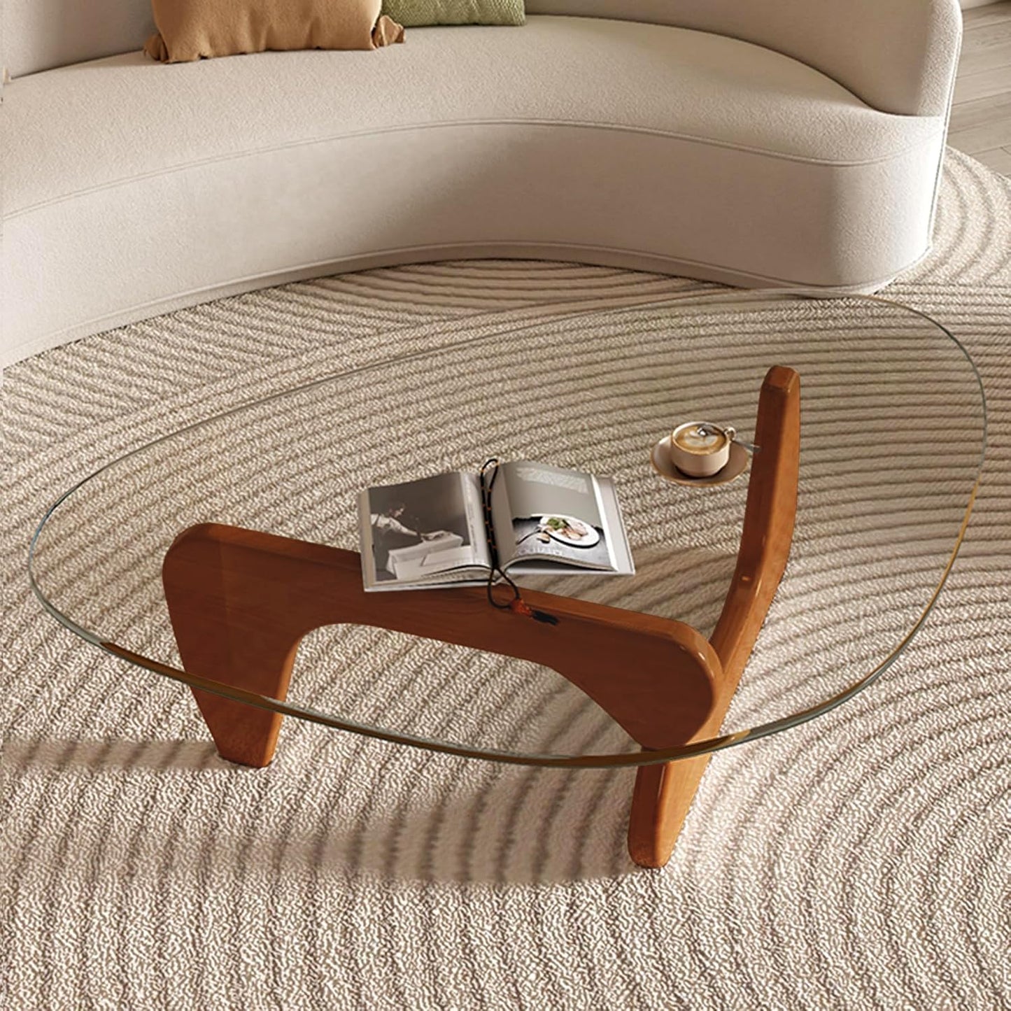 Modern Glass Coffee Table for Living Room, Small Mid-Century Coffee Table with Walnut Base and Transparent Glass Top, Stylish Center Table for Bedroom, Reception, or Office – Medium Size