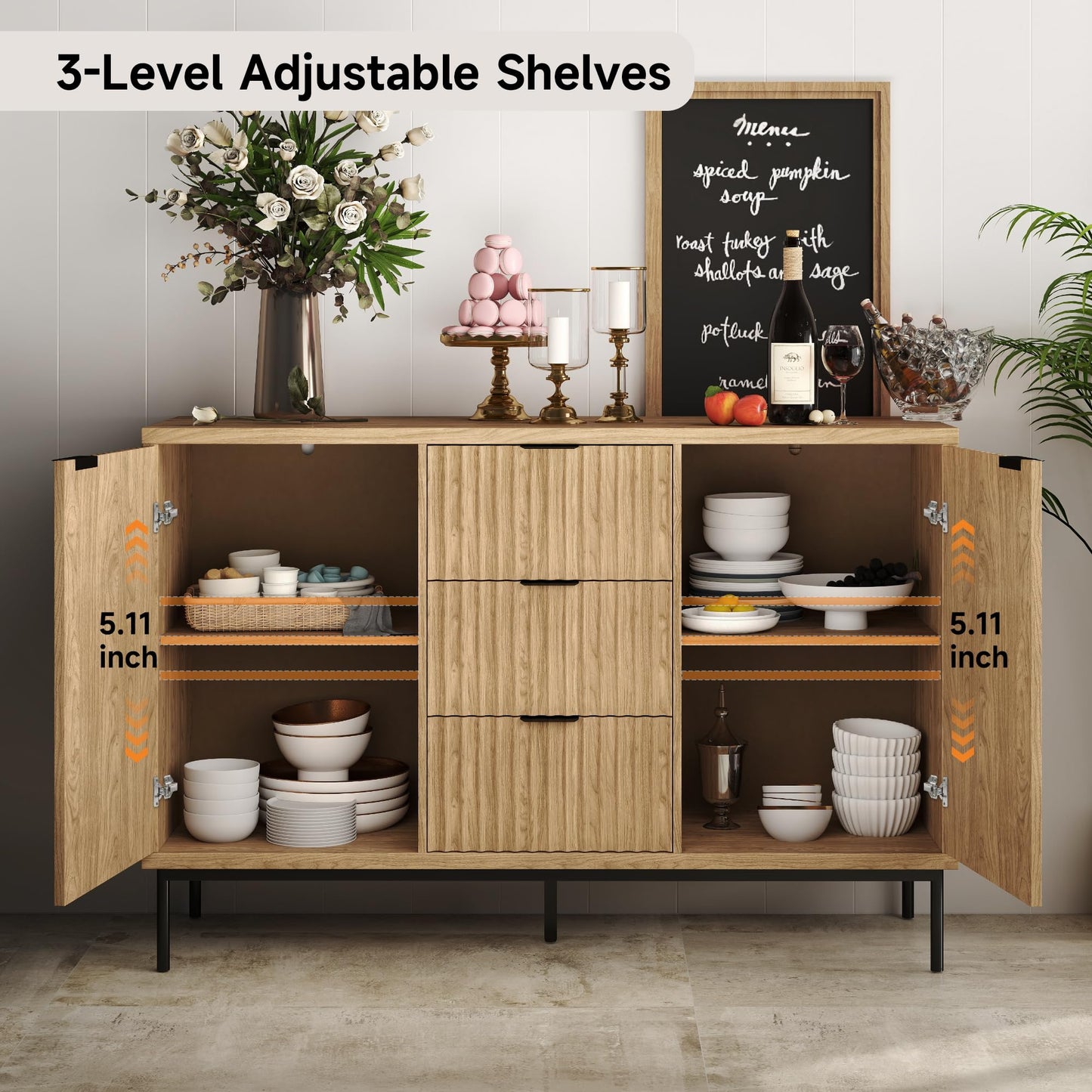 **Fluted Buffet Cabinet with Storage, Modern Sideboard with 2 Doors, 3 Drawers, and Adjustable Shelf, Coffee Bar Cabinet Credenza Buffet Table for Kitchen and Living Room, Oak**