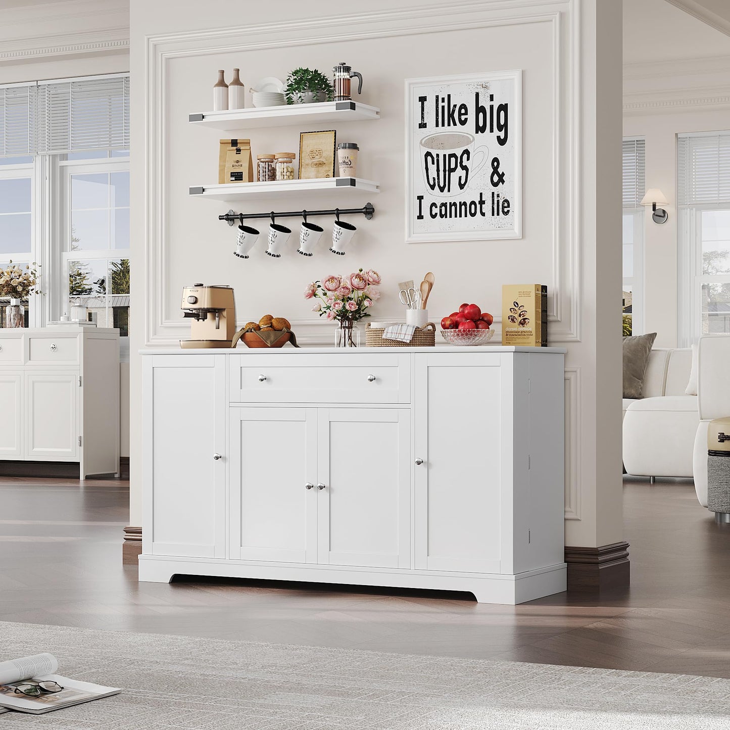 **HITHOS 54" Modern Buffet Cabinet with Storage, White Kitchen Sideboard with Drawer, Wood Coffee Bar Station with Adjustable Shelves for Living Room**