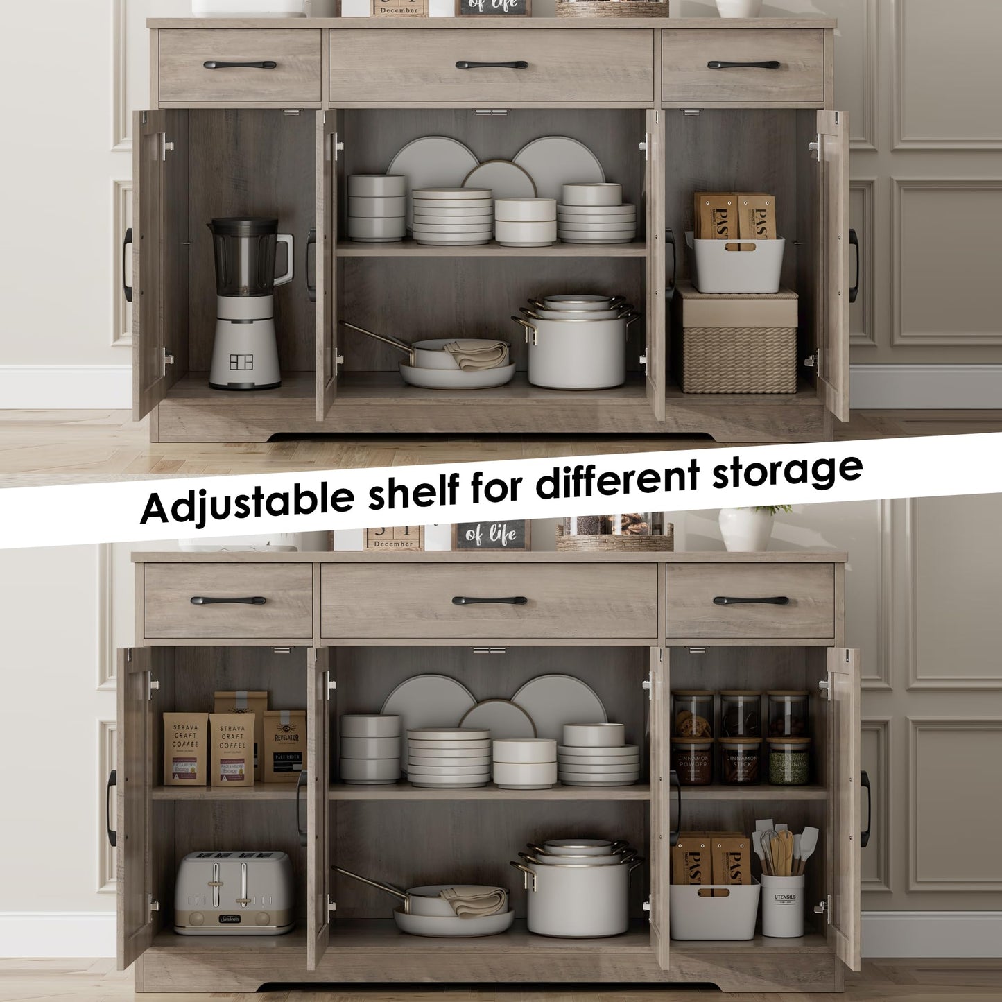 55" Large Buffet Sideboard Cabinet with Drawers, Shelves, and Doors, Modern Farmhouse Coffee Bar Station for Kitchen or Dining Room, Ash Grey