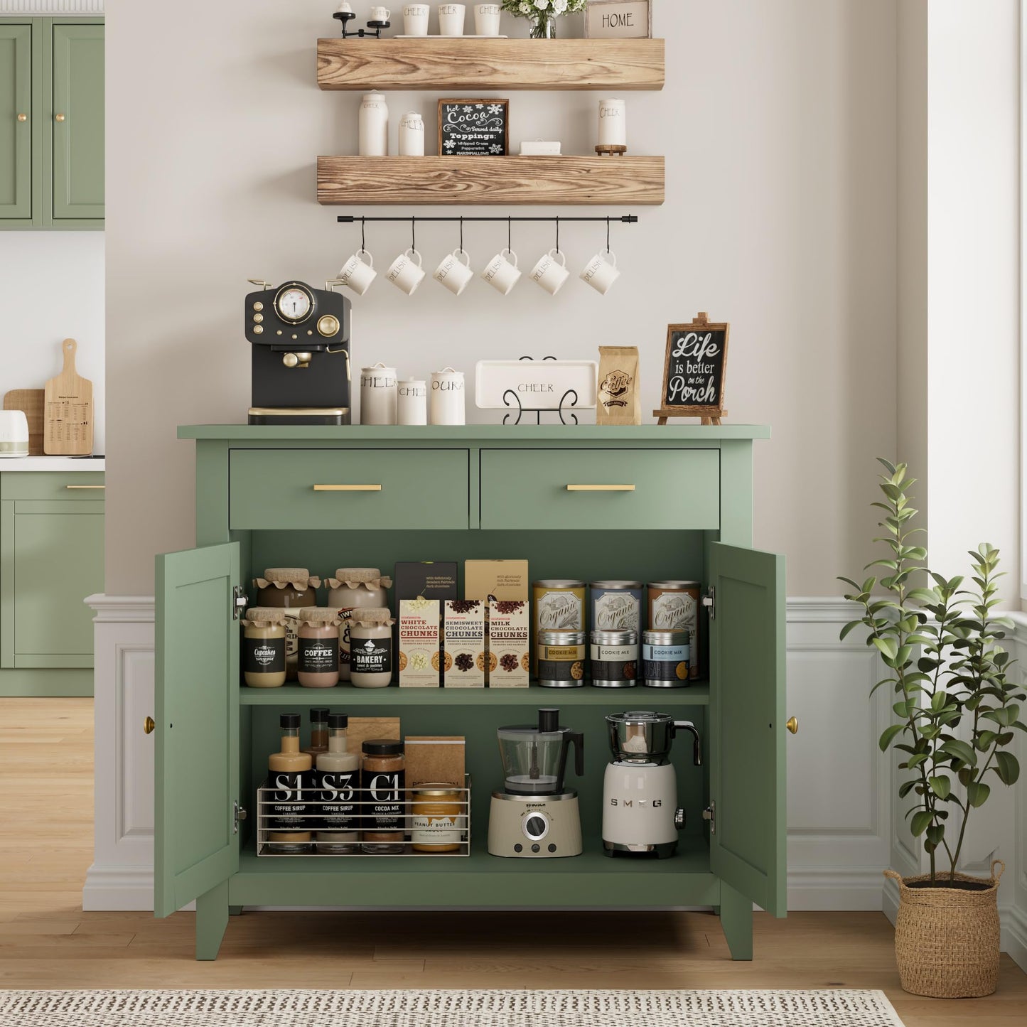 HORSTORS Modern Farmhouse Buffet Cabinet with Storage, Kitchen Sideboard Coffee Bar with 2 Drawers and 2 Doors, Floor Storage Cabinet for Living Room, Dining Room, or Bathroom, Green