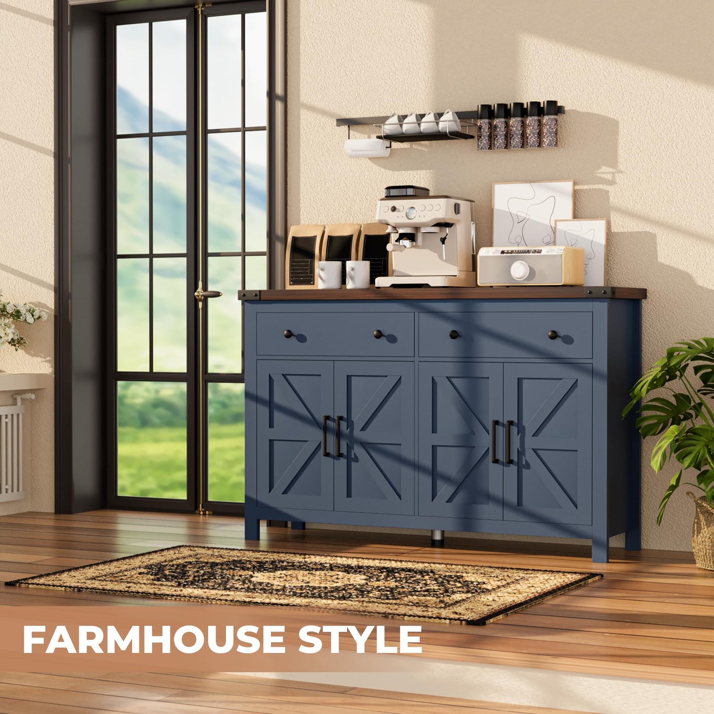 Farmhouse Buffet Cabinet with Storage, 55" Large Sideboard with 4 Doors & 2 Drawers, Blue Wood Coffee Bar Cabinet for Kitchen, Dining Room & Living Room