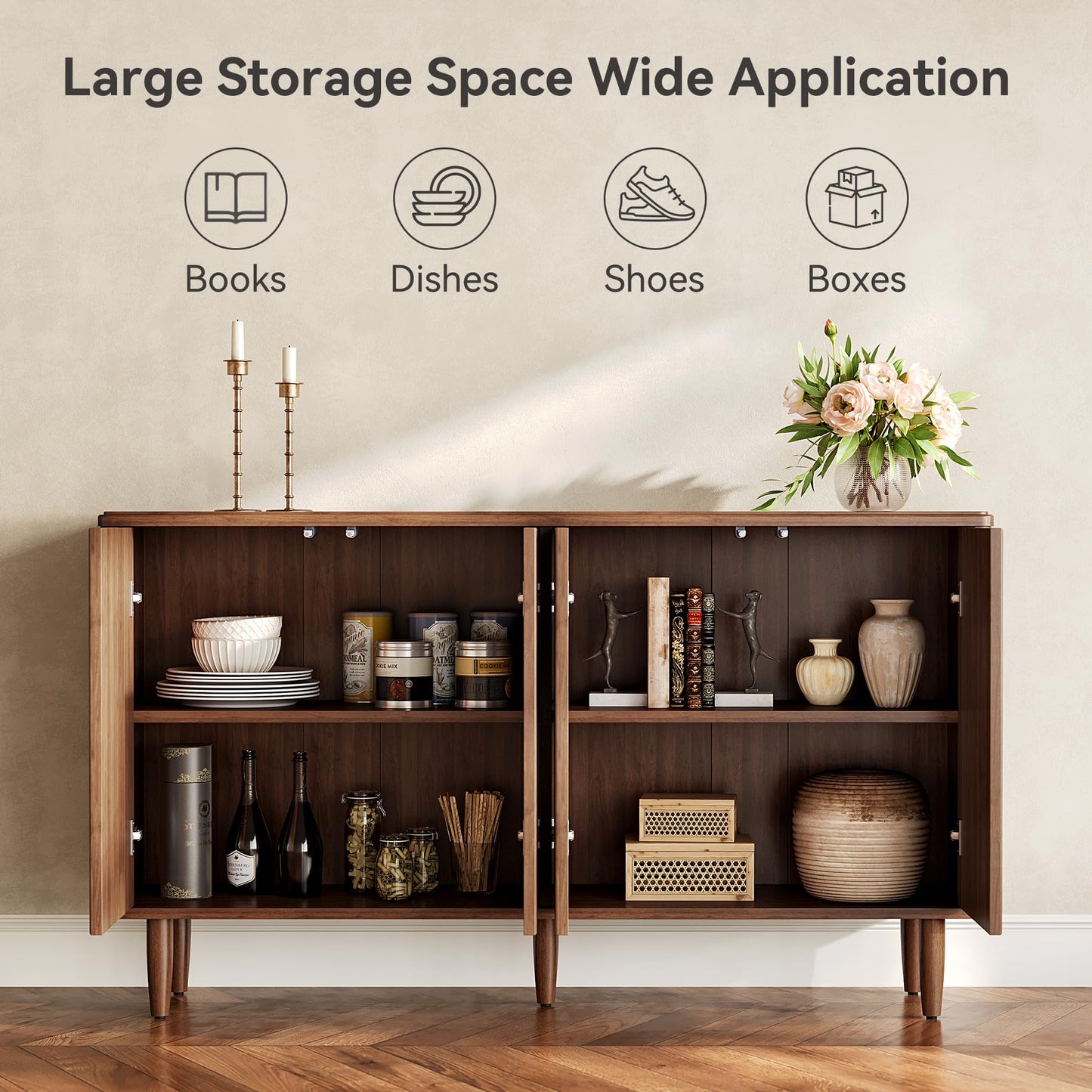 LITTLE TREE 59-Inch Buffet Cabinet Sideboard with Storage, Modern Sideboard Buffet Table with Doors for Living Room, Dining Room (Walnut)