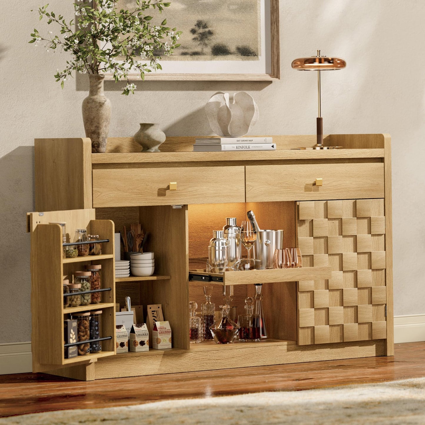 55" Fluted Sideboard Buffet Cabinet with Charging Station and LED Light, 2 Drawers, Pull-Out Shelf, and Spice Rack, Modern Kitchen Storage, Original Oak